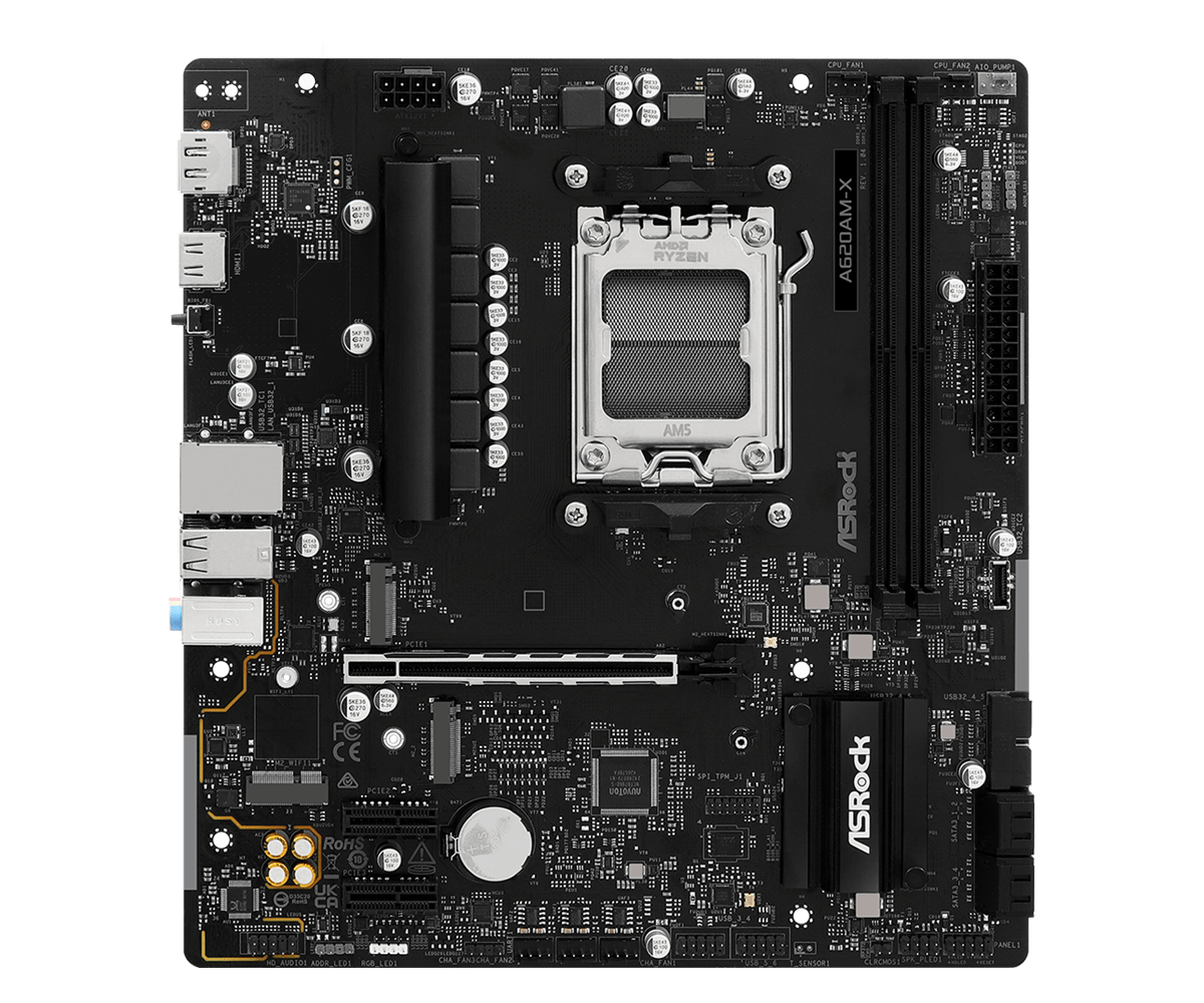 Czarna płyta główna ASRock A620AM-X. Posiada różne porty, sloty i chipy. Gniazdo procesora jest oznaczone AM5, z marką Ryzen.