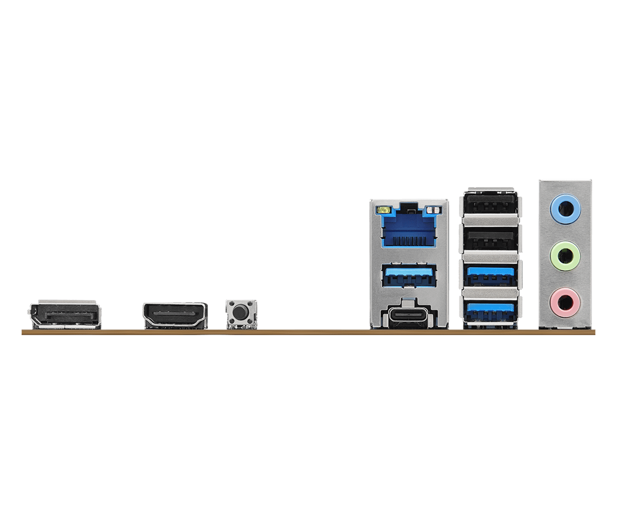 Porty płyty głównej komputera: USB, gniazda audio, HDMI i porty Ethernet. Różne porty o różnych kształtach i kolorach.