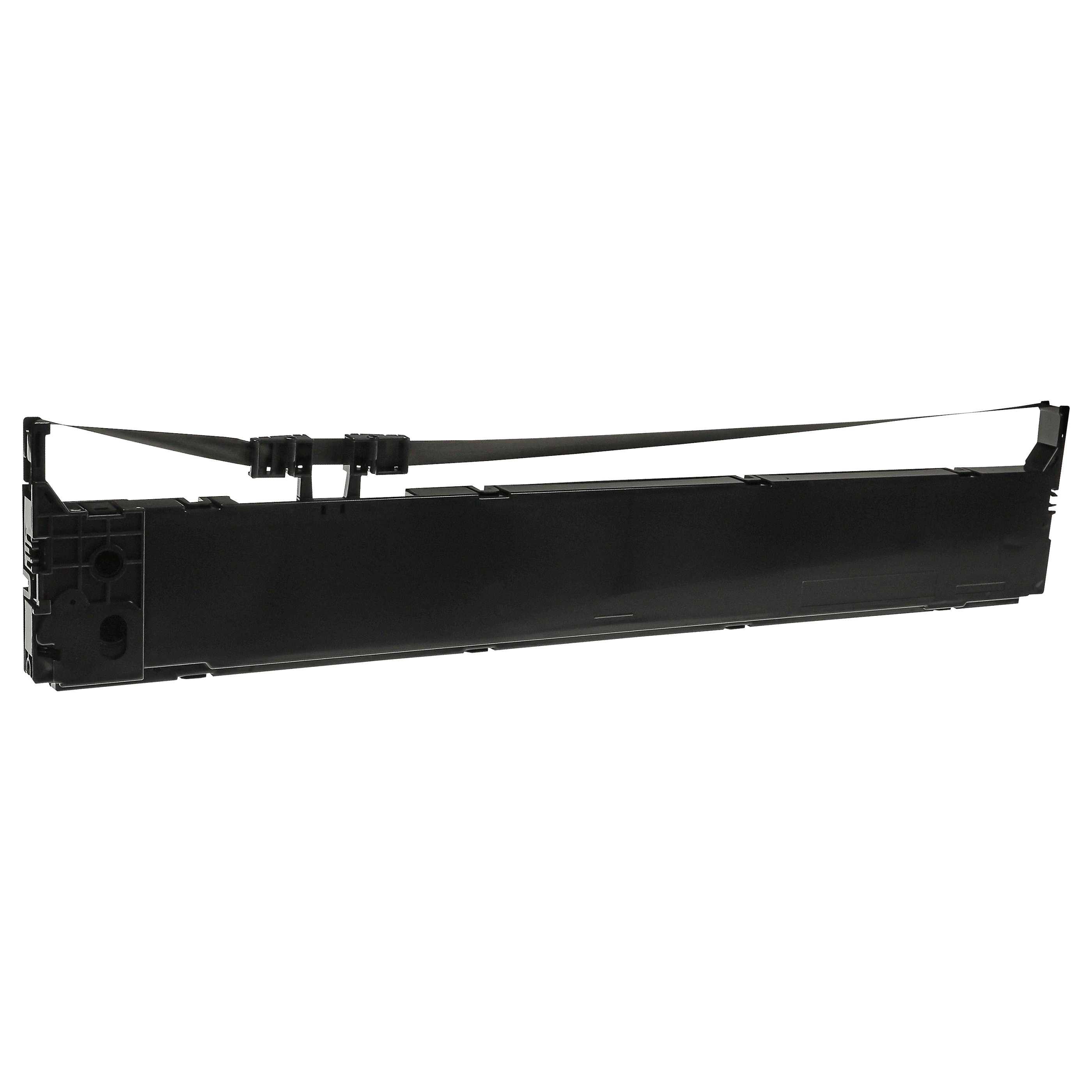 Eine schwarze Druckerbandpatrone auf weißem Hintergrund. Das Band erstreckt sich horizontal.