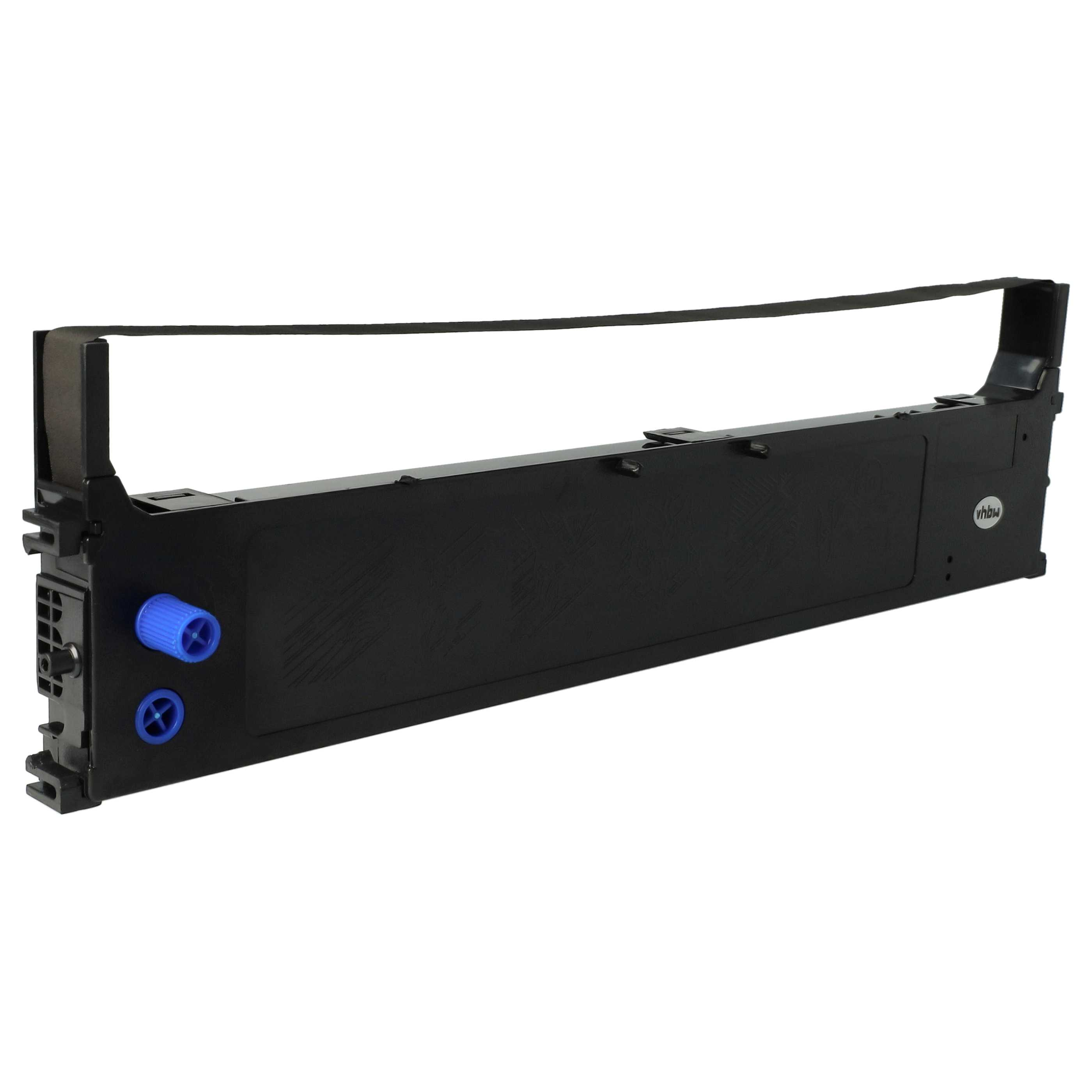 Eine schwarze Druckerbandpatrone. Sie hat einen blauen Knopf und ein Etikett mit dem Text 'vhbw'.
