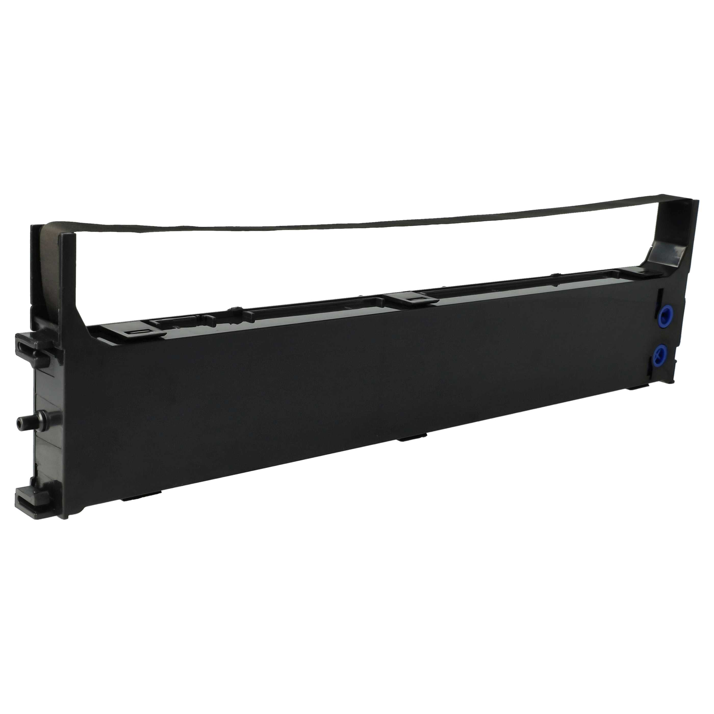 Eine schwarze Druckerbandpatrone. Sie ist rechteckig mit einem schwarzen Band und hat blaue Details.