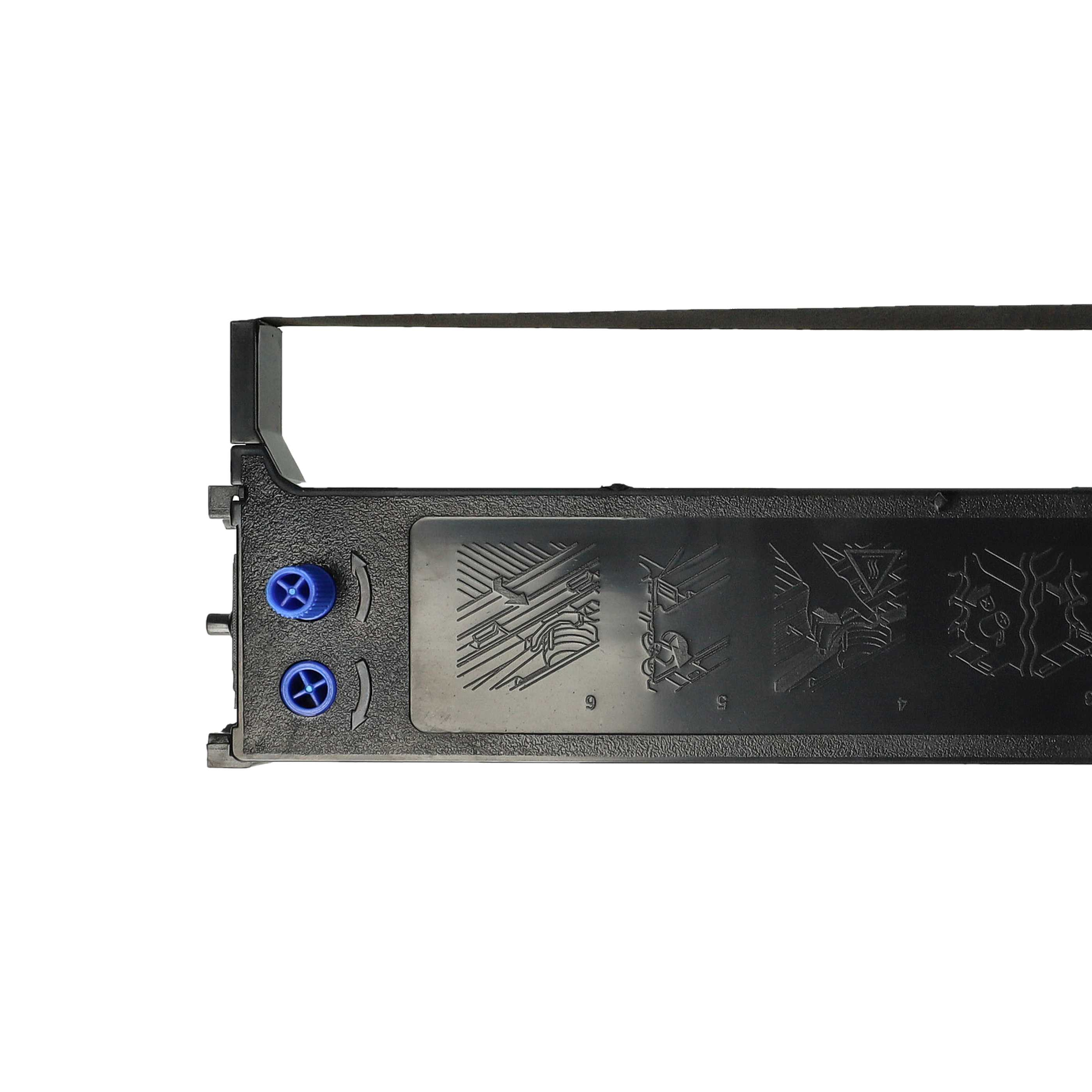 Schwarze Druckbandpatrone mit blauen Rädern und weißem Hintergrund.