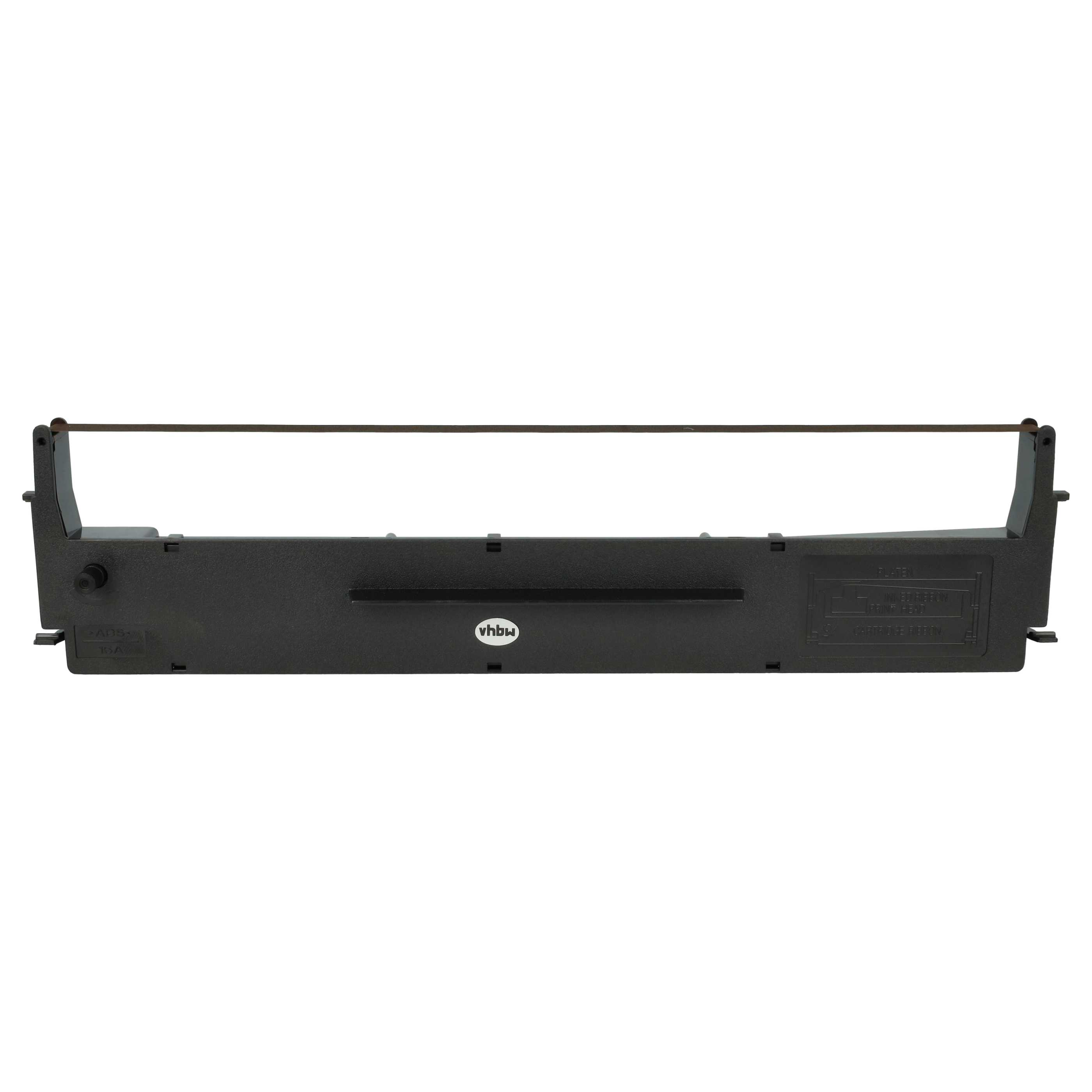 Eine schwarze Druckerbandpatrone mit sichtbarem braunem Band. Die Patrone hat Etiketten und ein 'vhbw'-Logo.