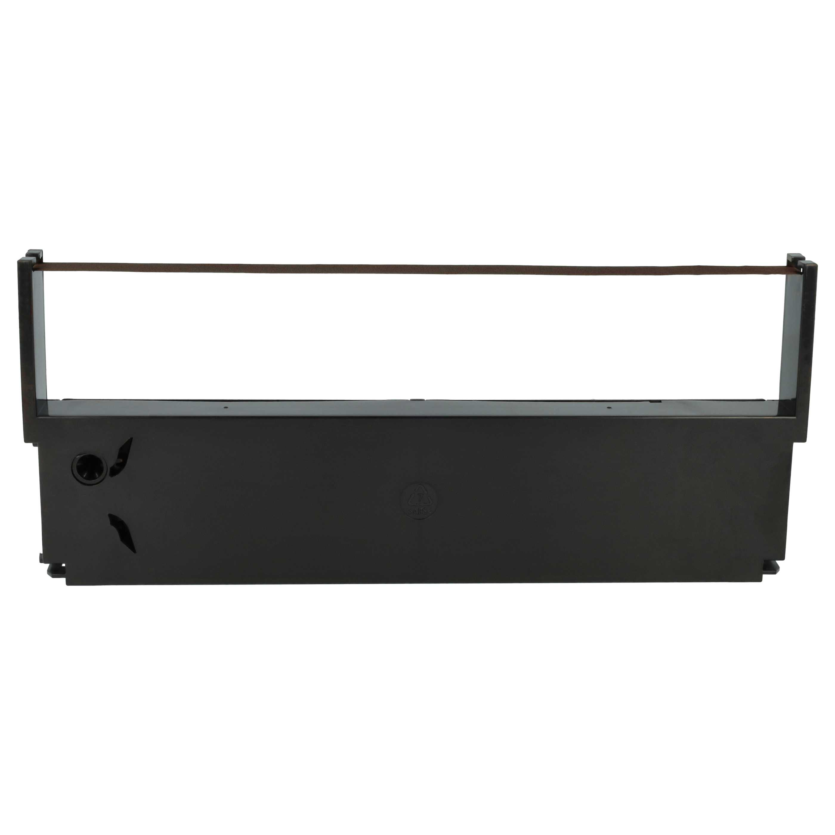 Eine schwarze Druckerbandpatrone mit sichtbarem braunem Band. Weißer Hintergrund.