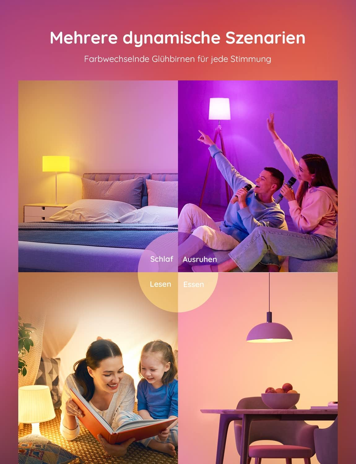 Das Bild zeigt Szenen: Schlafzimmer, Karaoke, Lesen und Essen, jeweils mit farbigen Lichtern für verschiedene Stimmungen.