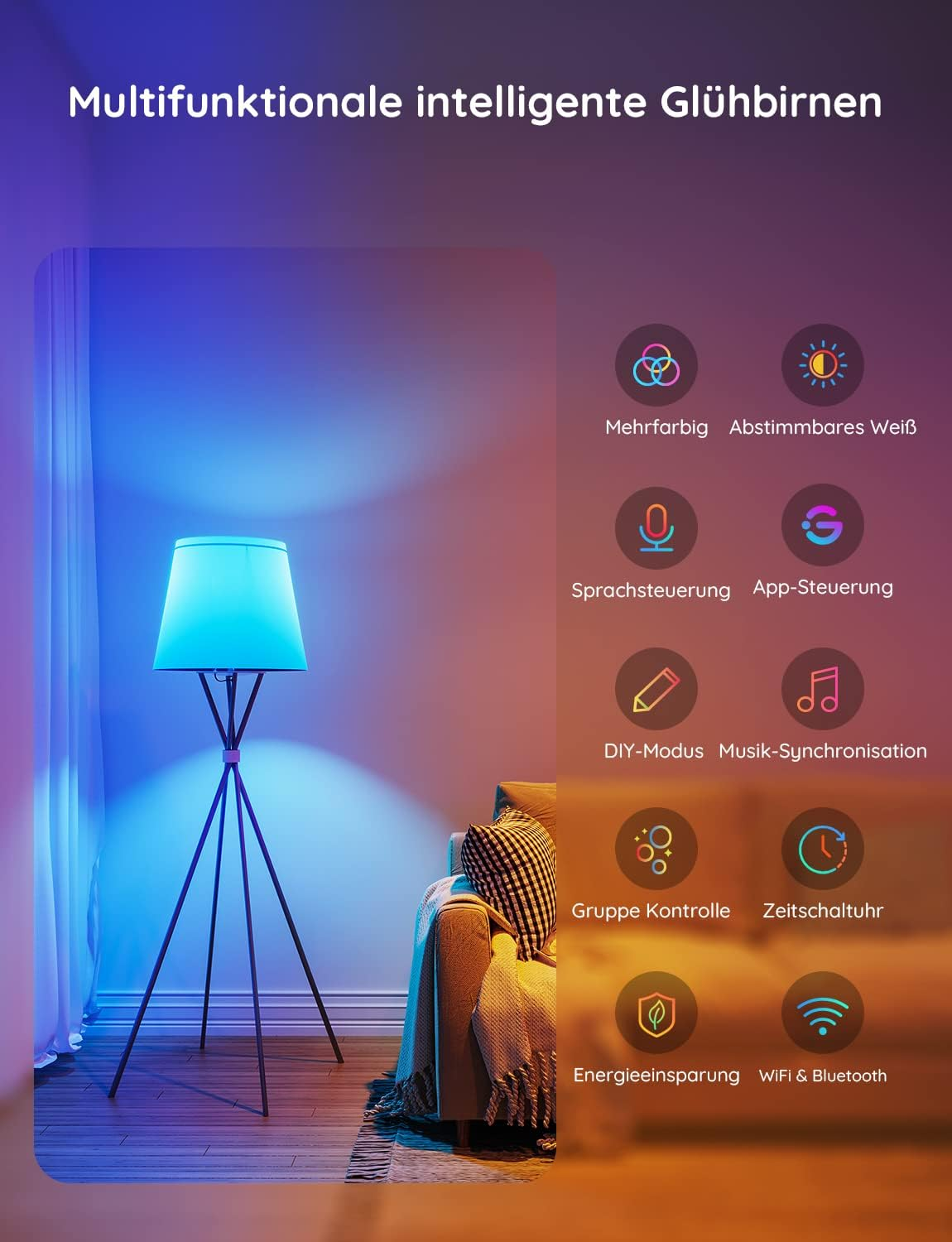 Ein Raum mit Lampe, Sofa und Symbolen. Die Lampe leuchtet blau. Symbole beschreiben Funktionen wie Sprachsteuerung und Energiesparen.