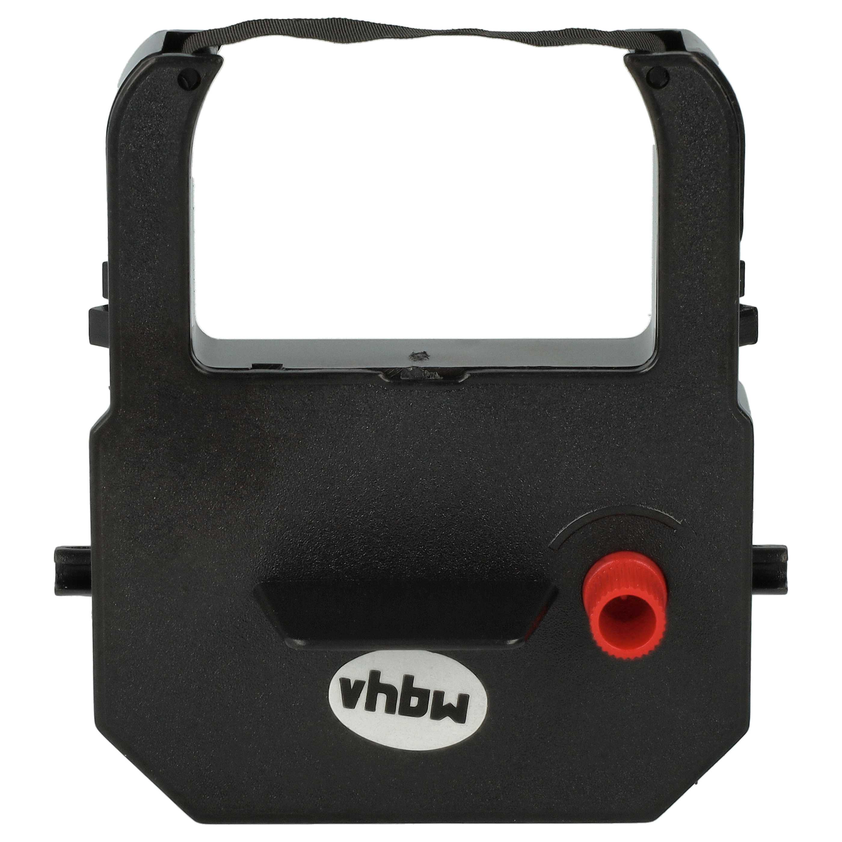 Schwarze Druckerbandkassette mit rotem Knopf. Der Markenname 'vhbw' ist aufgedruckt.