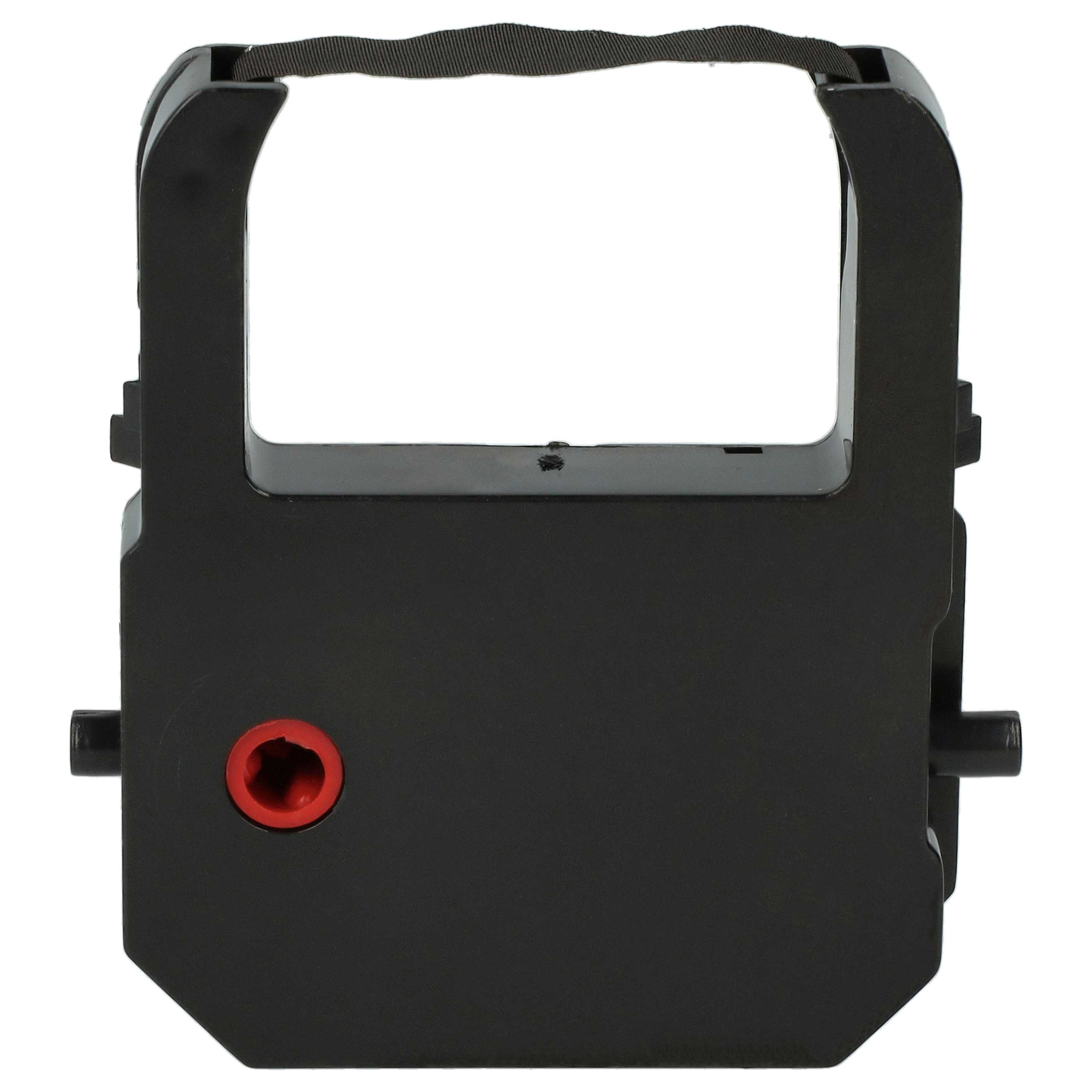 Eine schwarze Druckerbandpatrone mit einem roten Kreis und schwarzem Band.
