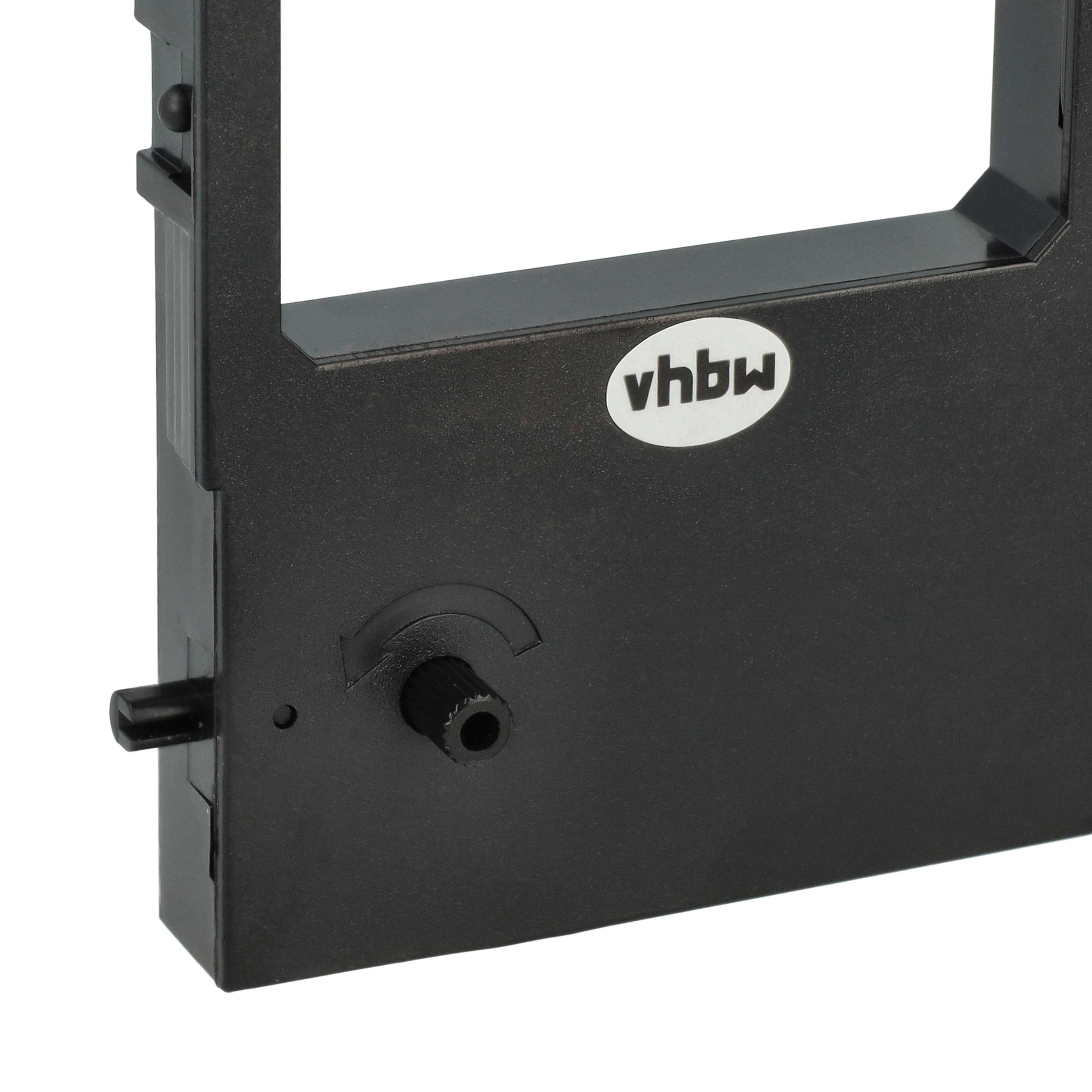 Schwarze Druckerbandkassette mit weißem 'vhbw'-Etikett. Sie hat einen Knopf und einen kleinen Hebel an der Seite.