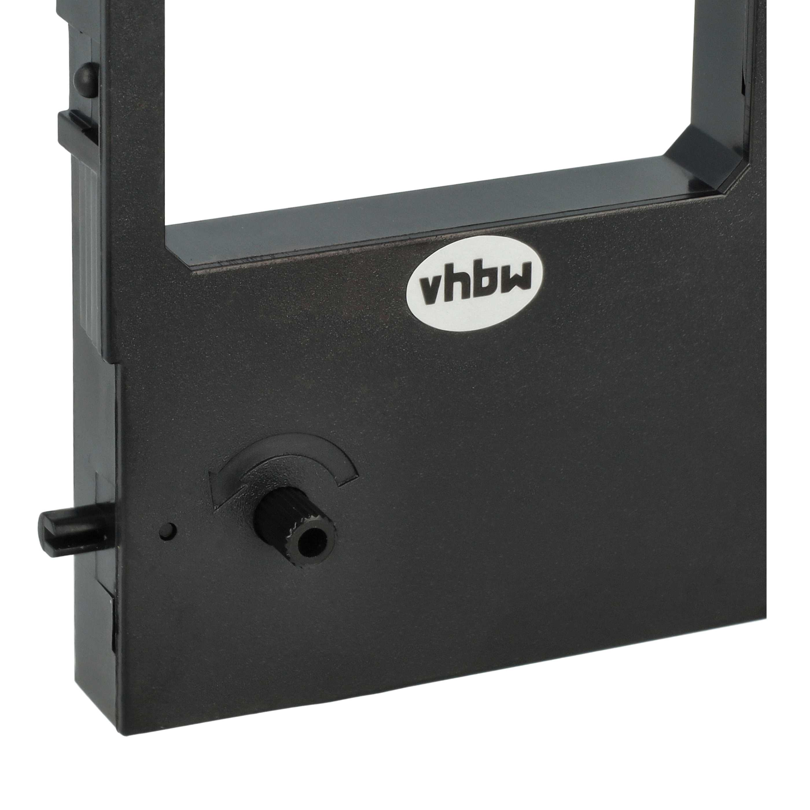 Eine schwarze Druckerbänderpatrone mit einem weißen 'vhbw'-Etikett. Ein Knopf und ein Hebel sind sichtbar.