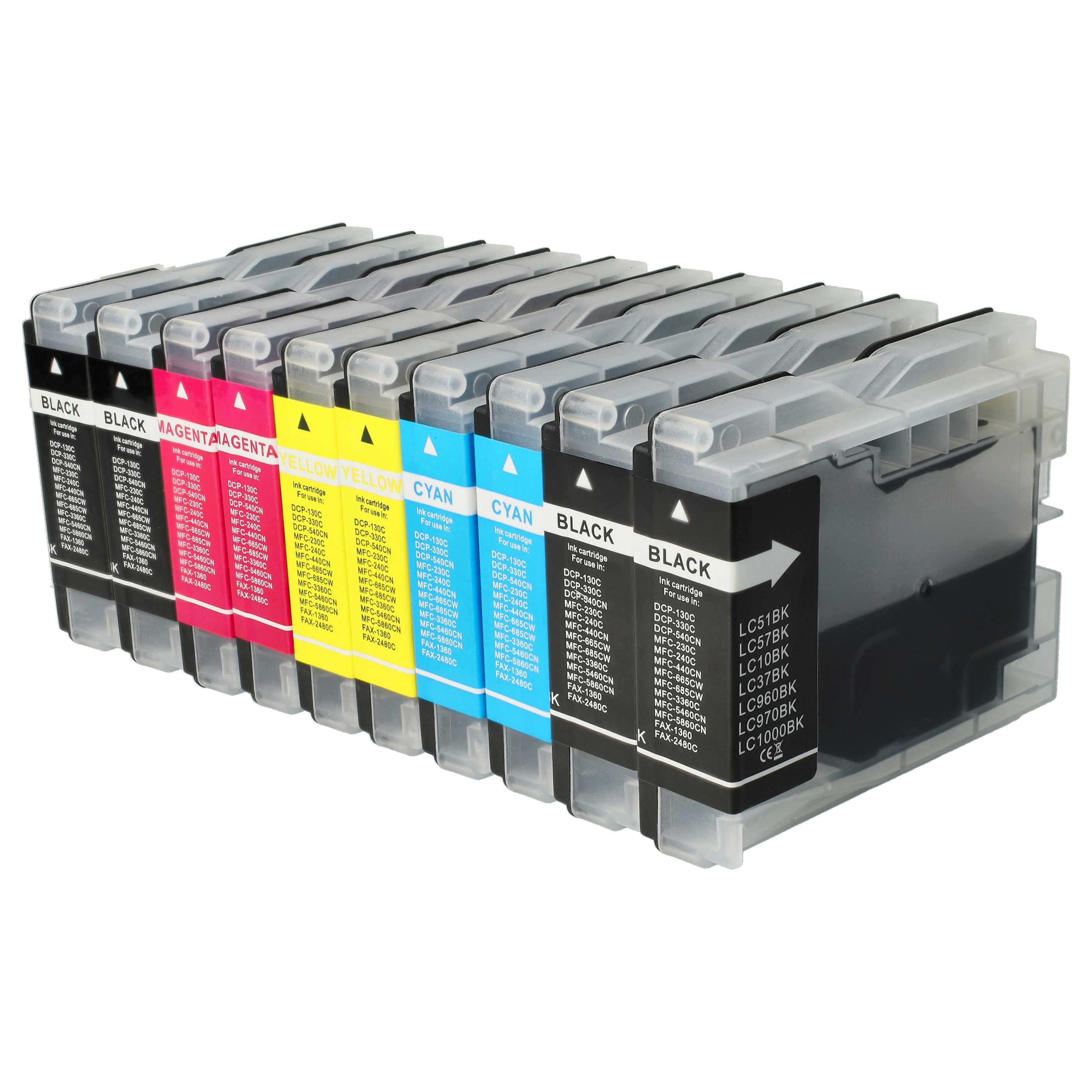 Tintenpatronen in Schwarz, Magenta, Gelb und Cyan. Jede Patrone hat ein Etikett mit Modellnummern.