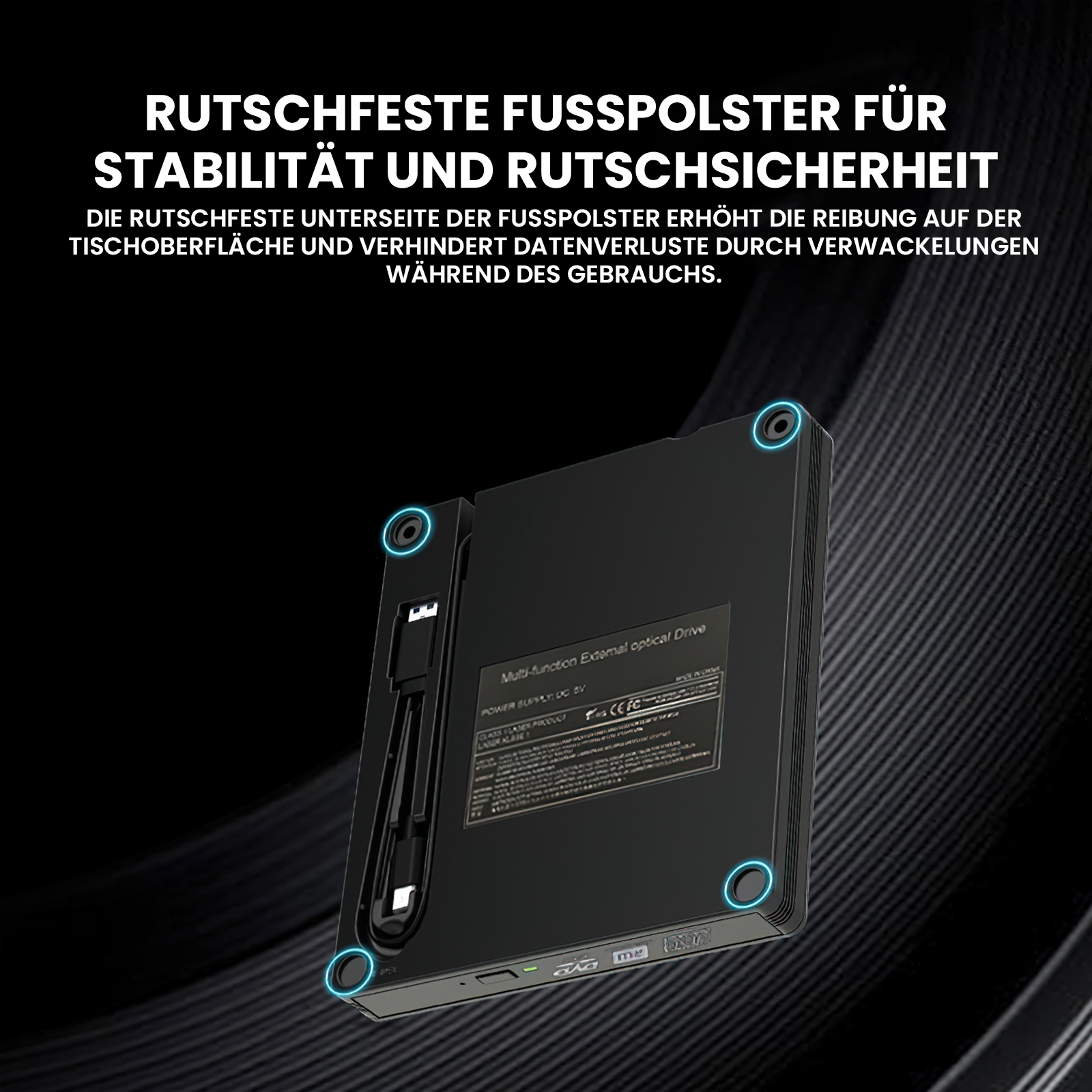 Schwarzes externes optisches Laufwerk mit blau hervorgehobenen Kreisen. Text oben und auf dem Laufwerk.