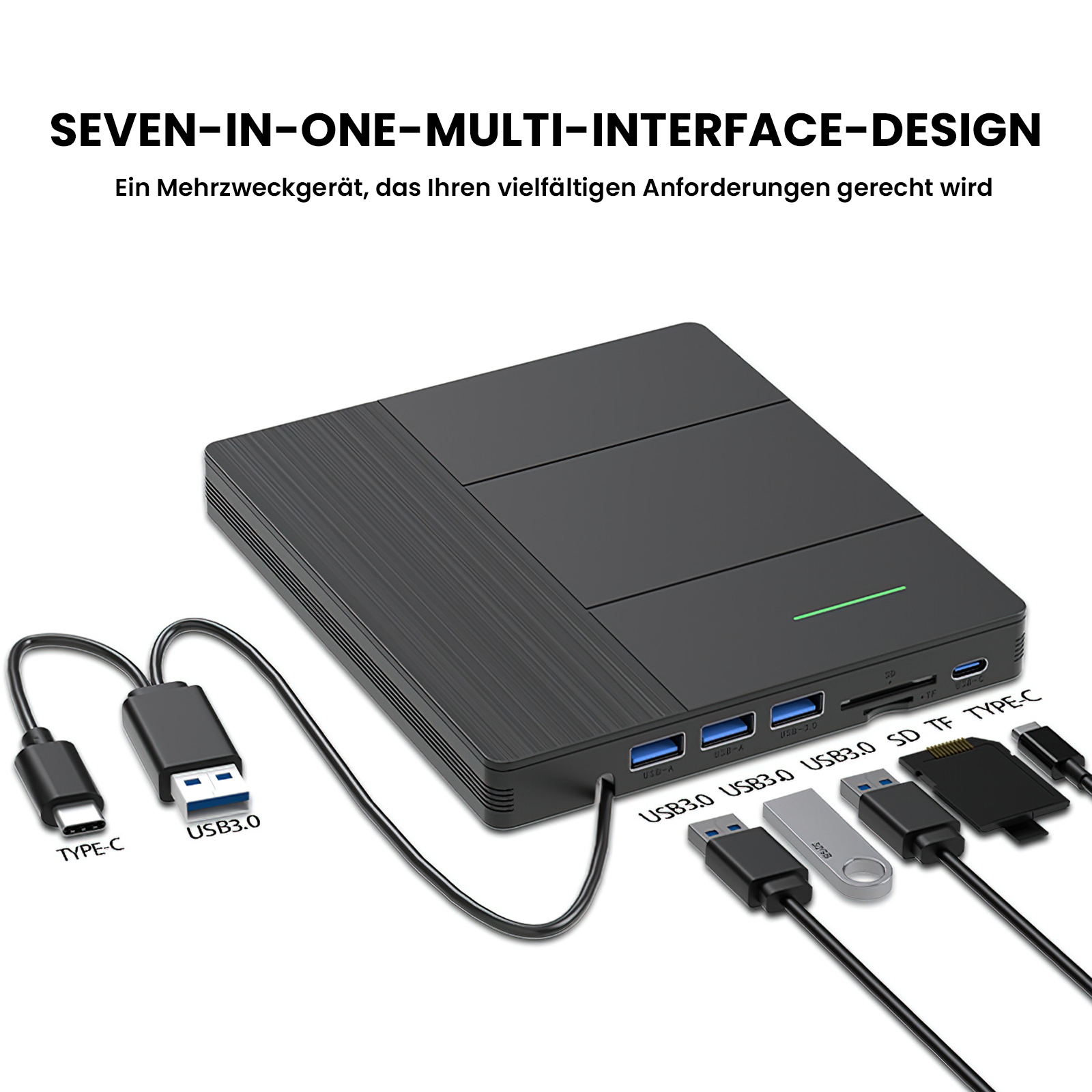 Schwarzes Multi-Interface-Gerät mit mehreren USB-Anschlüssen und angeschlossenen Kabeln und Adaptern.