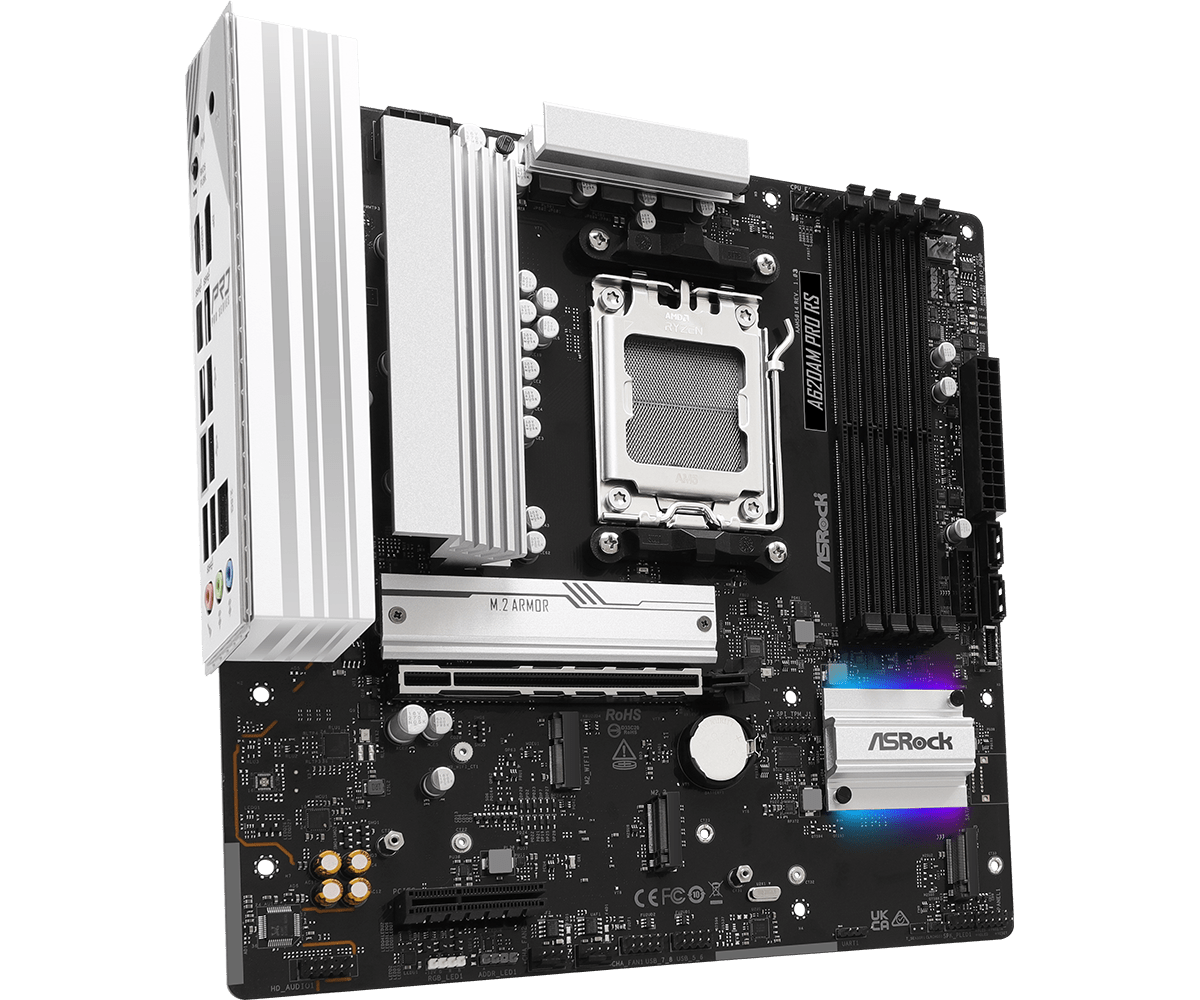 Una scheda madre per computer, nera con dissipatori di calore argentati. Il testo include 'ASRock', 'M.2 ARMOR' e 'A620AM PRO RS'.