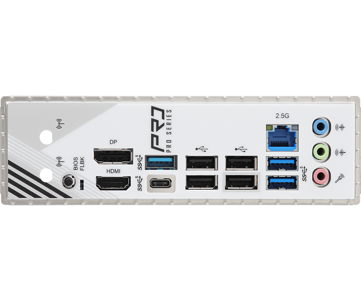 Pannello posteriore di una scheda madre per computer con varie porte, tra cui HDMI, USB e jack audio. Il testo "PRO SERIES" è visibile.