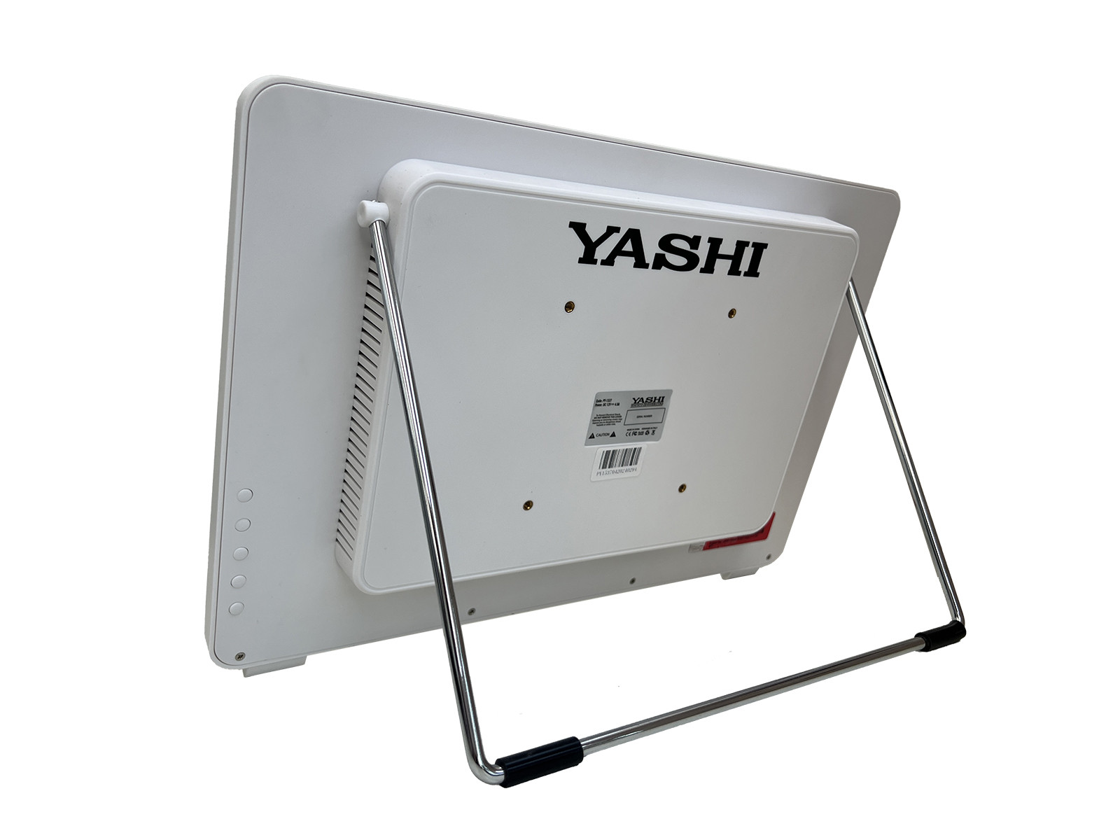Un monitor YASHI bianco su un supporto. Il retro è visibile, con il logo del marchio e un supporto. Il supporto è in metallo.