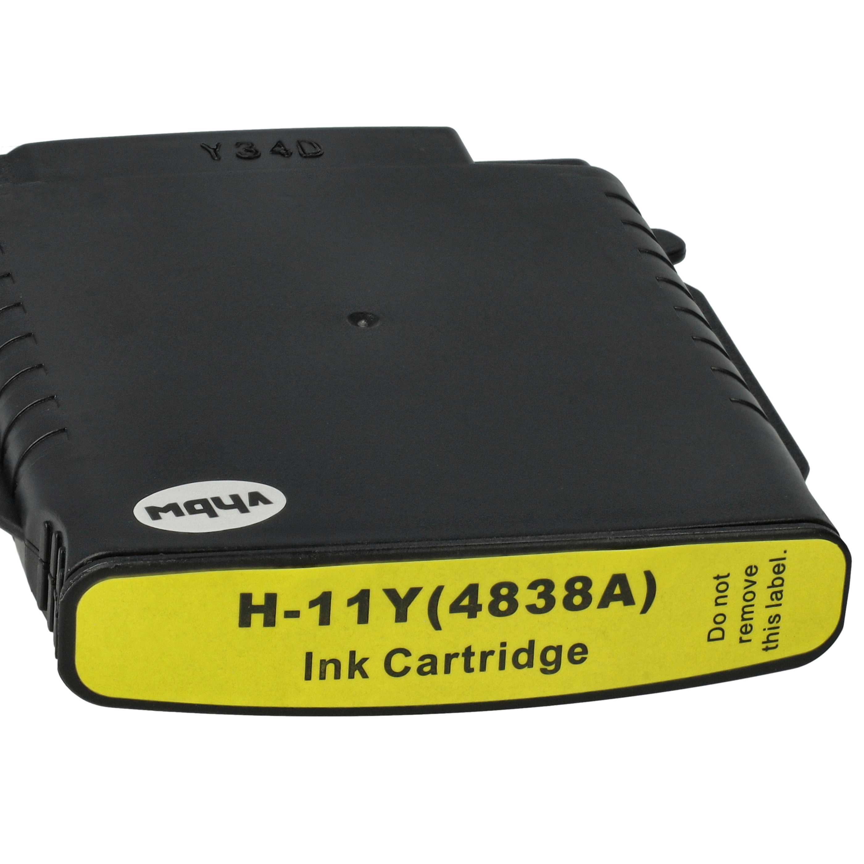 Eine schwarze Tintenpatrone mit gelbem Etikett. Auf dem Etikett steht 'H-11Y(4838A) Ink Cartridge'. Die Patrone ist mit 'vhbw' beschriftet.