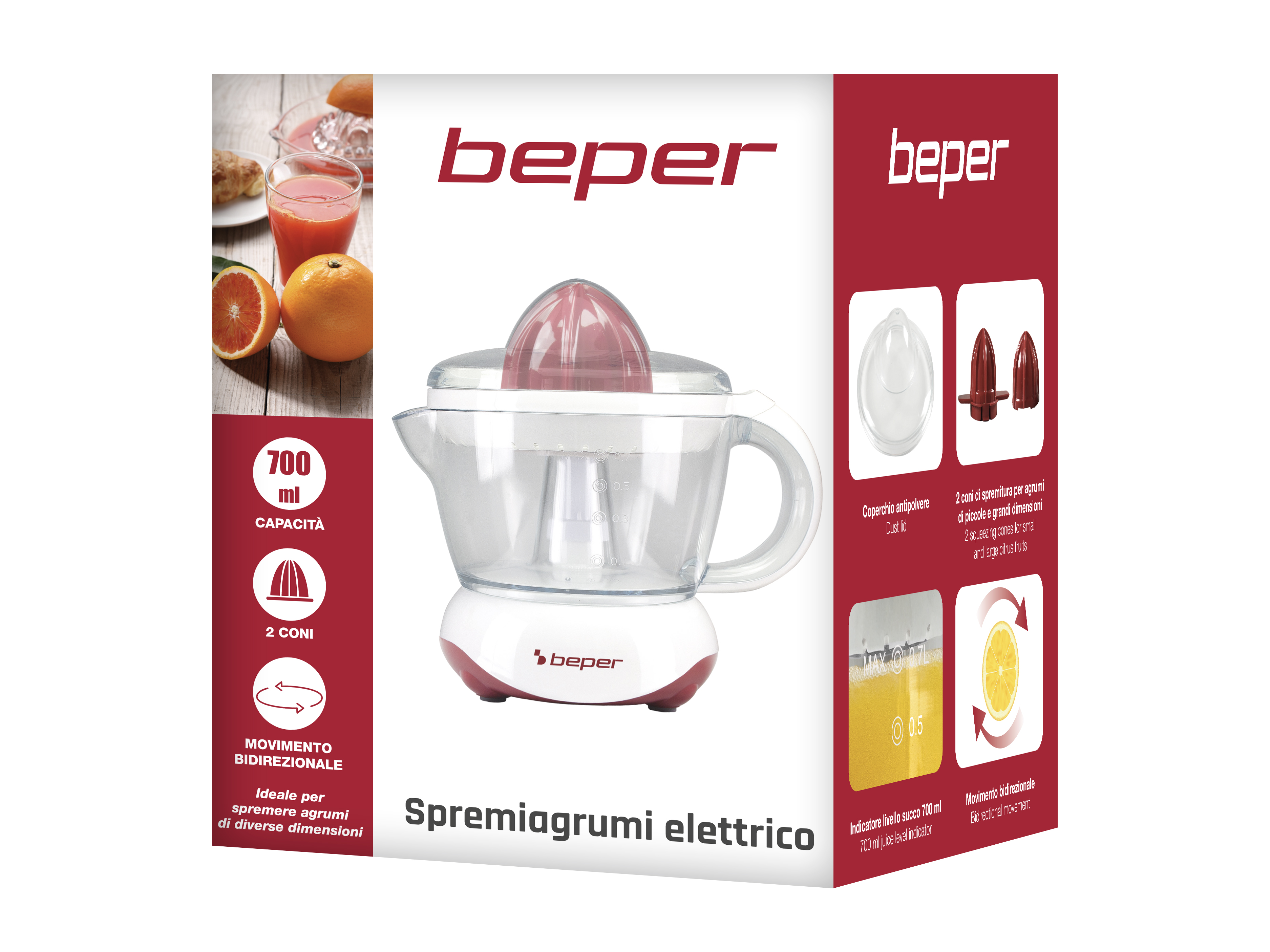 Spremiagrumi elettrico con base bianca e dettagli rossi. Ha un contenitore trasparente e un cono rosso.