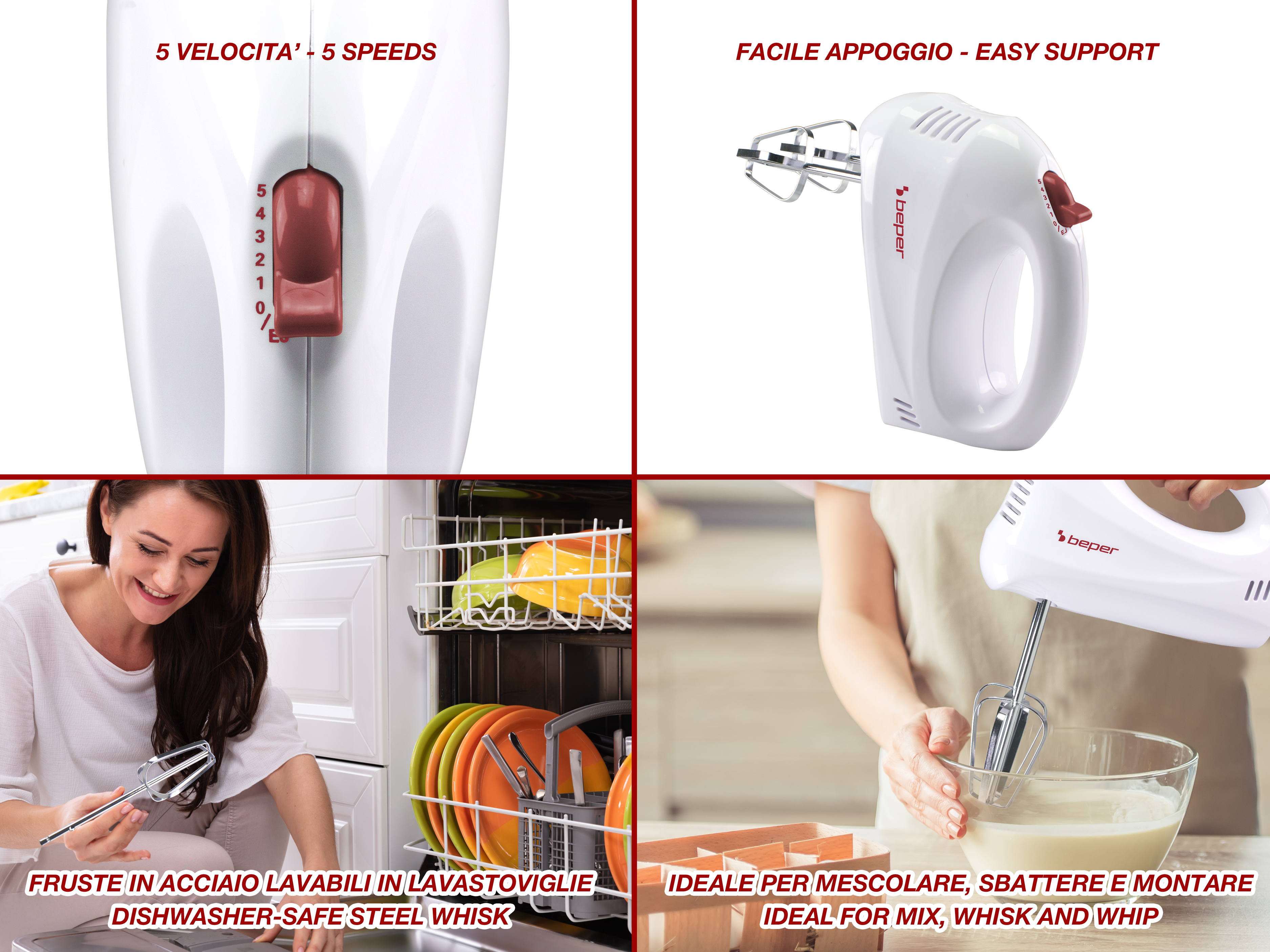 L'immagine mostra un frullatore a mano bianco con selettore di velocità rosso. Altre immagini mostrano dettagli, piatti e miscelazione.