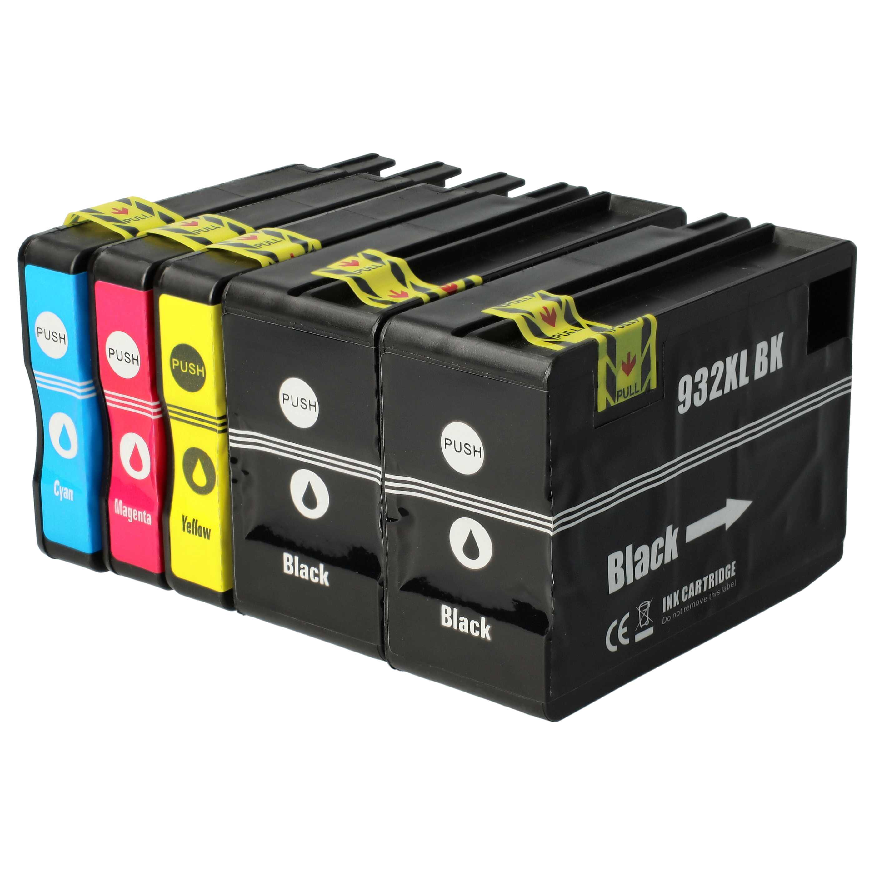 Tintenpatronen in Cyan, Magenta, Gelb und Schwarz. Jede hat ein 'Push'- oder 'Pull'-Etikett. Die schwarze Patrone ist mit 932XL BK beschriftet.