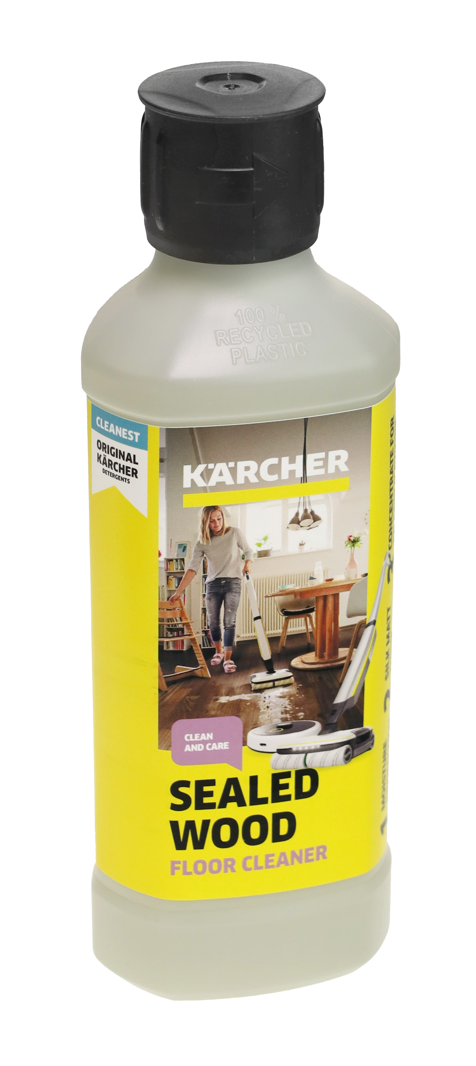 Una bottiglia di detergente per pavimenti Karcher. L'etichetta mostra una donna che usa il detergente. È per pavimenti in legno sigillati.