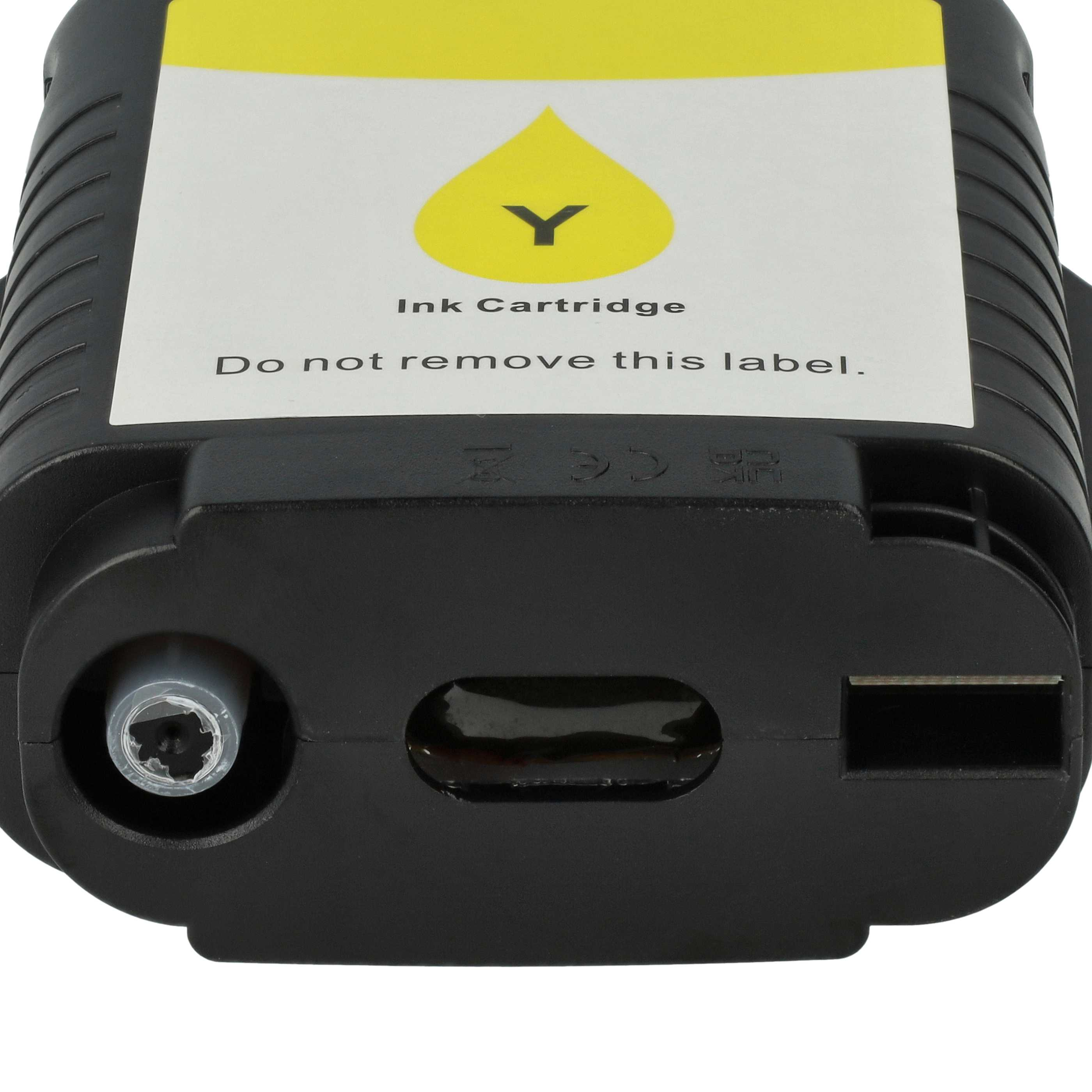 Gelbe Tintenpatrone mit Etikett. Auf dem Etikett steht 'Ink Cartridge' und 'Do not remove this label'.