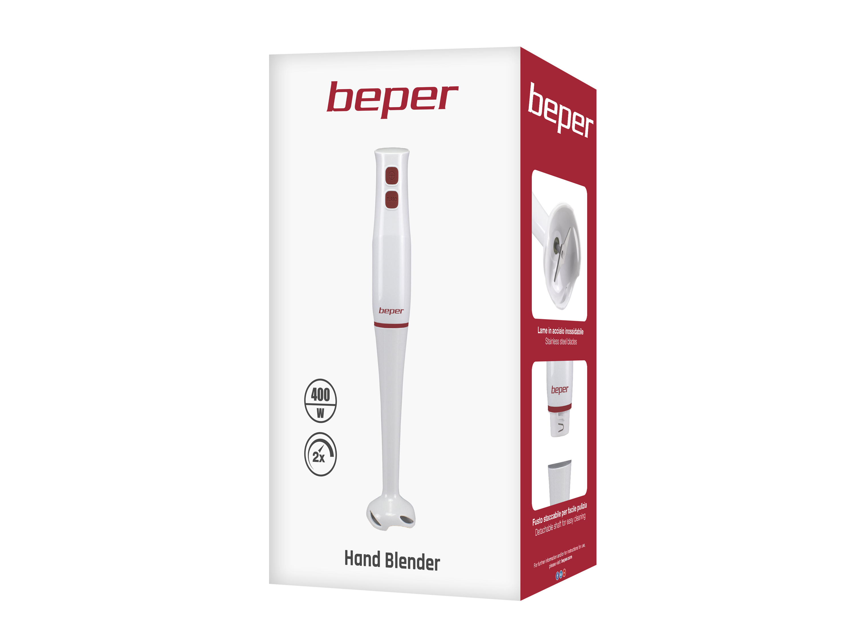 Biało-czerwone pudełko blendera ręcznego. Pudełko przedstawia blender, szczegóły ostrza i tekst 'Hand Blender'.