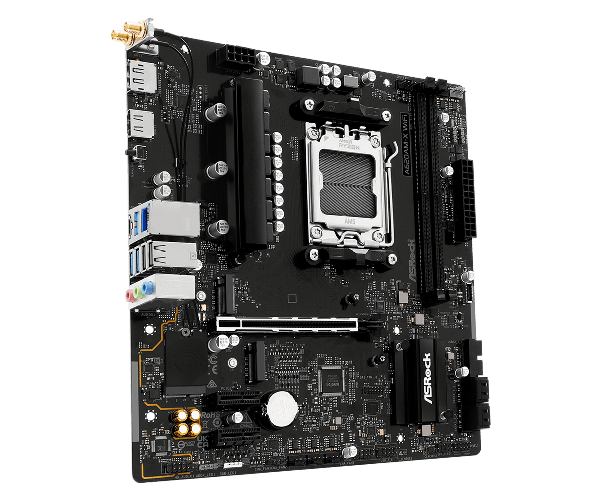 Czarna płyta główna ASRock A620AM-X WiFi z różnymi portami i komponentami, w tym gniazdem CPU AMD Ryzen.