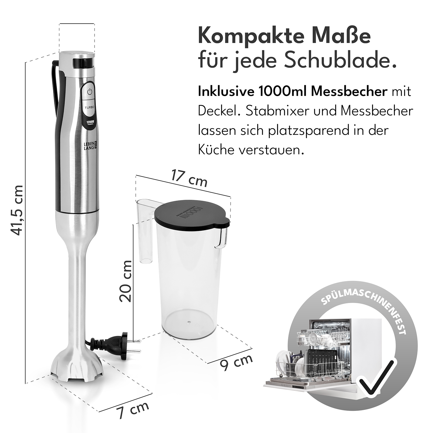 Ein Handmixer und ein Messbecher sind abgebildet. Abmessungen sind beschriftet. Spülmaschinensymbol ist sichtbar.