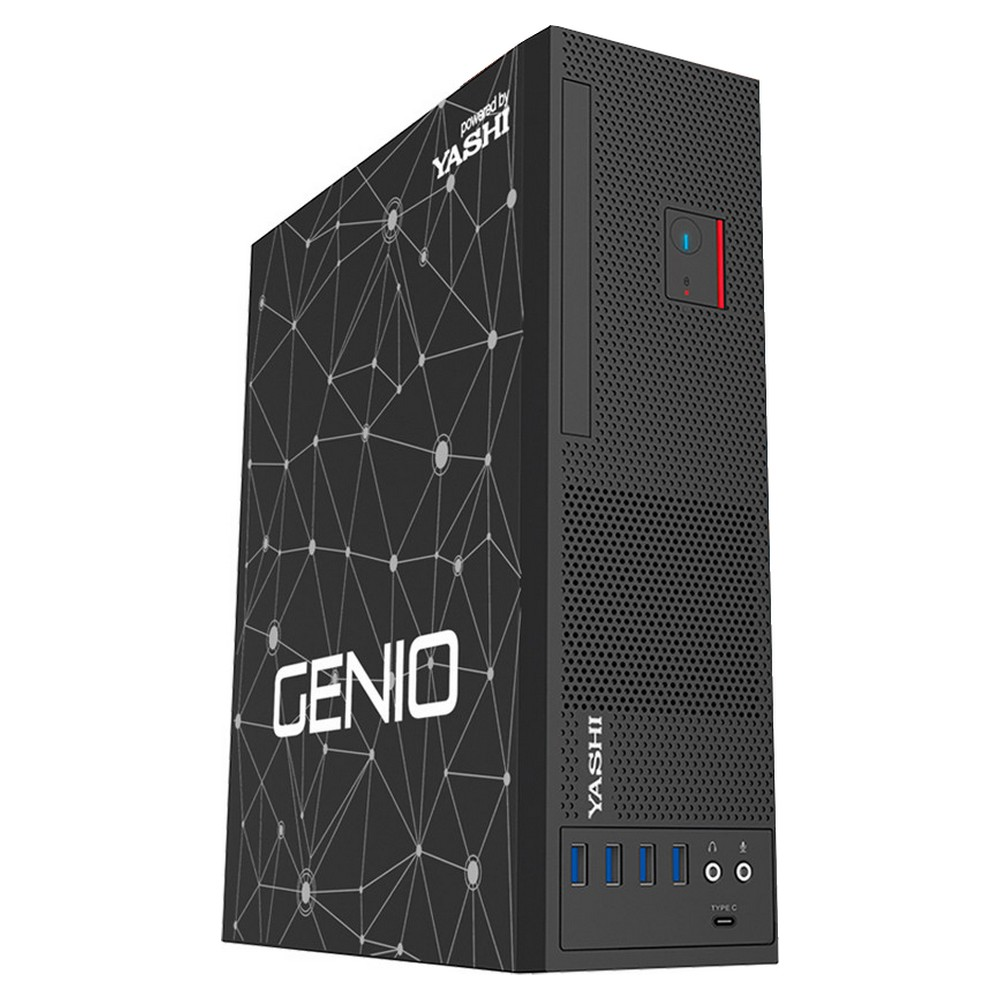 Un case per computer nero con marchio 'GENIO' e 'YASHI'. Ha un design geometrico sul lato e varie porte in basso.