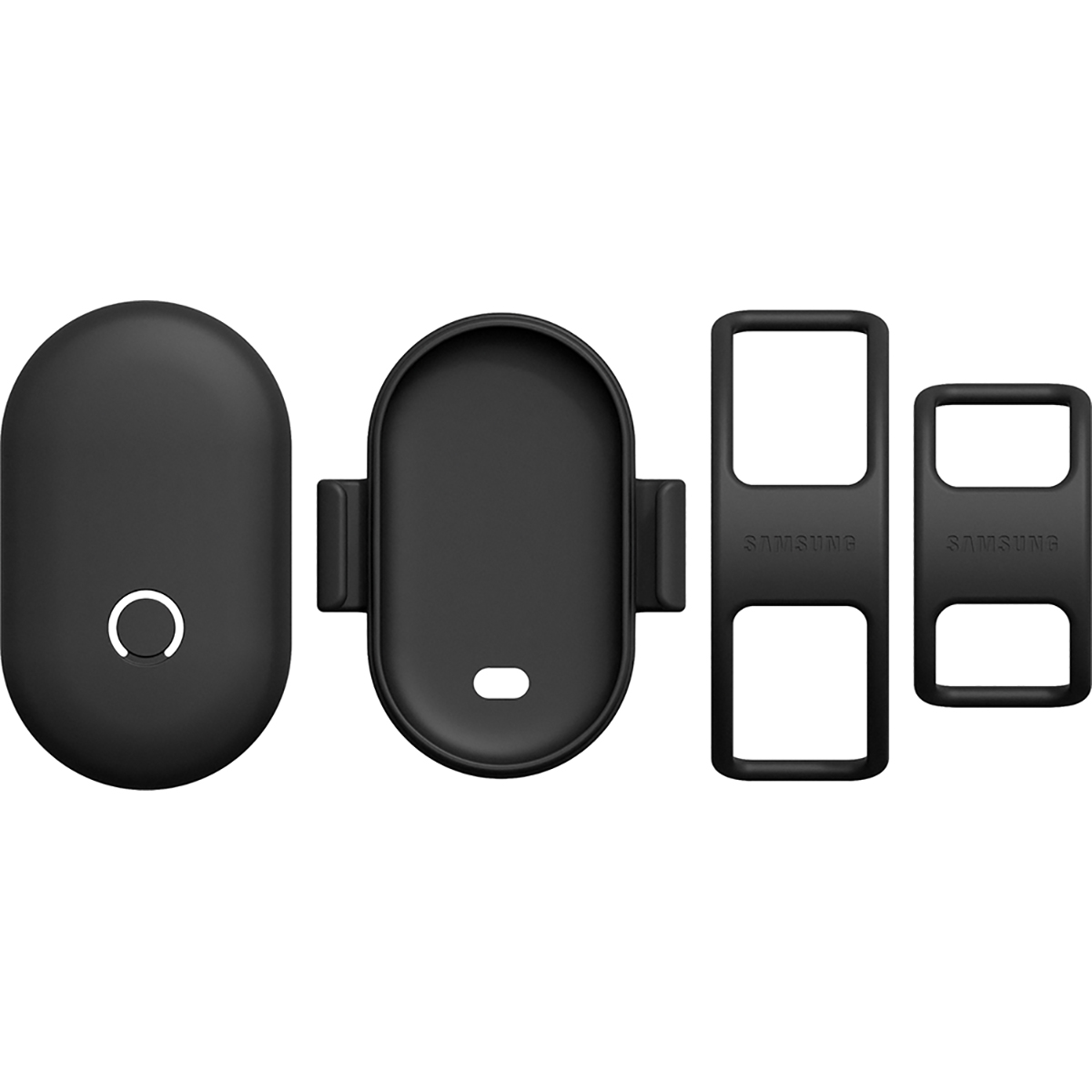 Quattro accessori neri Samsung: un case arrotondato, un supporto e due cornici rettangolari. Tutti su sfondo bianco.