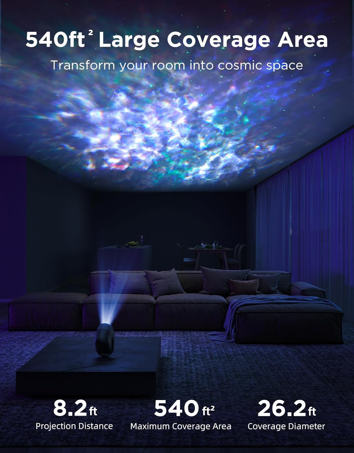Een kamer met een sterrenhemelprojectie op het plafond. Een projector staat op een tafel. Bank en gordijnen op de achtergrond.