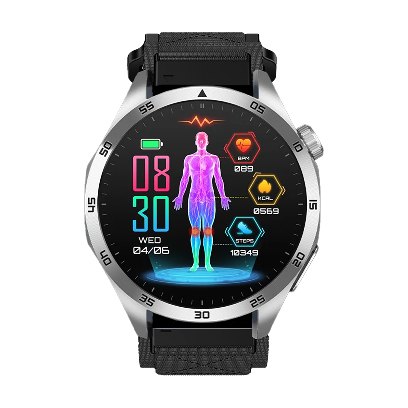 Eine Smartwatch zeigt Zeit, Gesundheitsdaten und ein menschliches Körperdiagramm. Sie hat ein schwarzes Armband und silbernes Gehäuse.