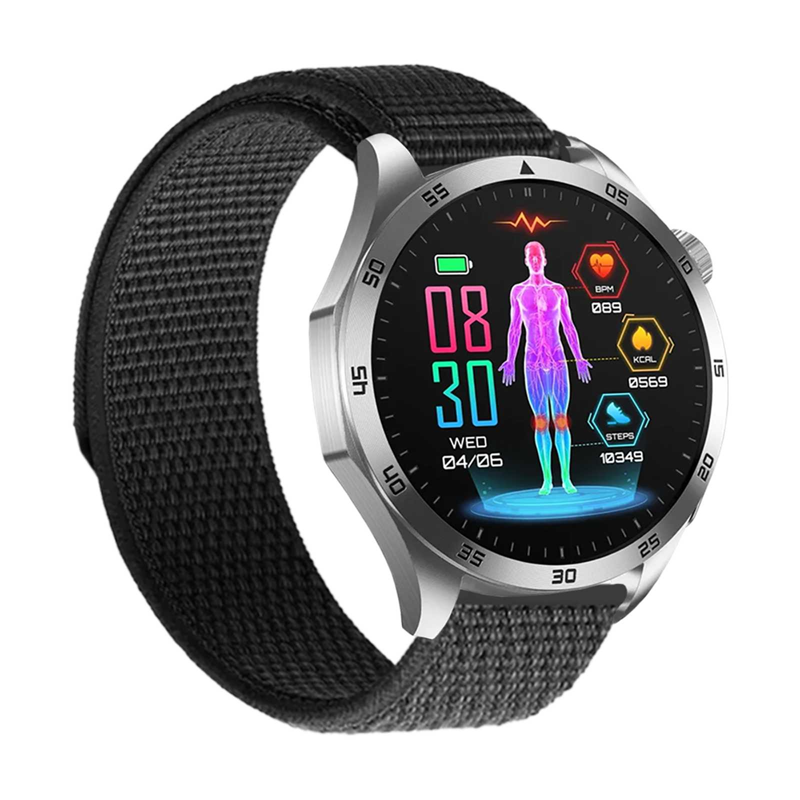 Eine silberne Smartwatch zeigt Gesundheitsdaten an: Zeit, Herzfrequenz, Schritte und Kalorien. Sie hat ein schwarzes Stoffarmband.