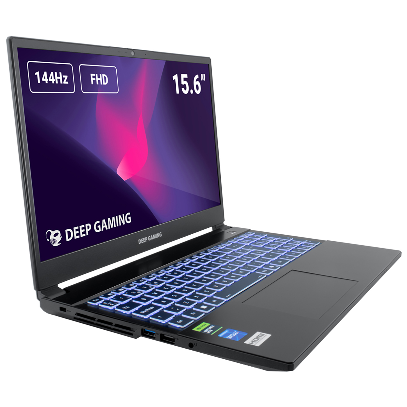 Portátil negro Deep Gaming con teclado iluminado. La pantalla muestra 144Hz, FHD y 15.6". La pantalla muestra un diseño púrpura y rosa.