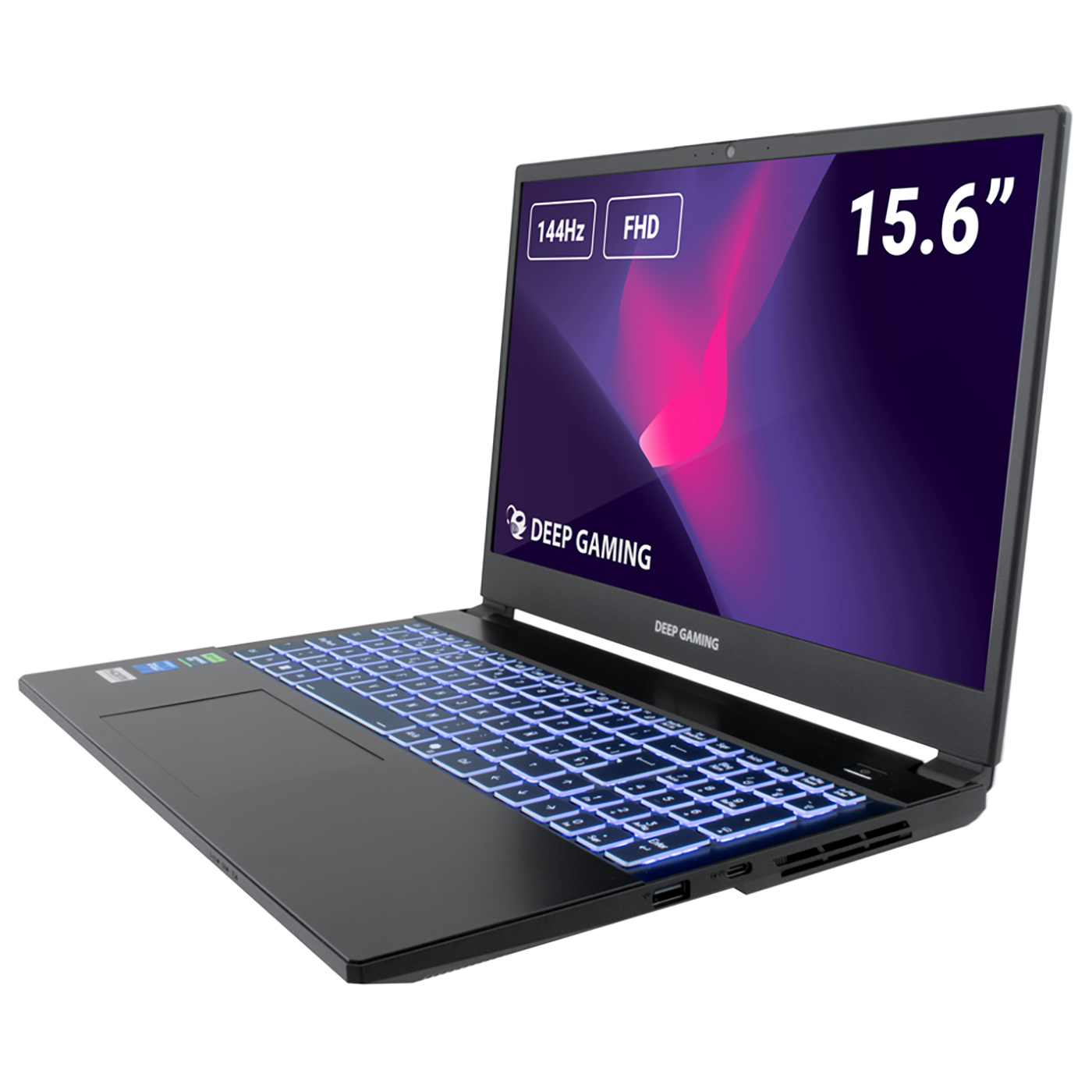 Un portátil negro con teclado retroiluminado azul. La pantalla muestra un gráfico morado y rosa, etiquetado como 15.6", 144Hz y FHD.