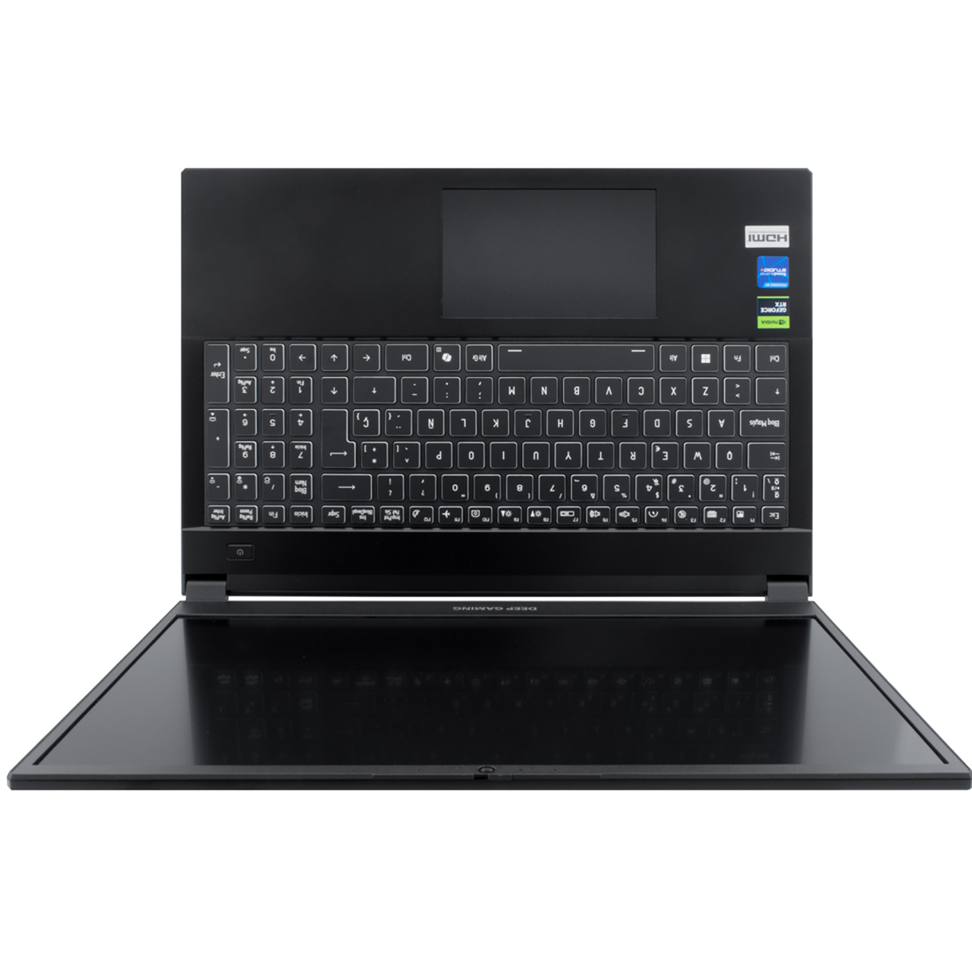 Un portátil negro con pantalla abierta, teclado visible. Incluye un panel táctil y una fila de teclas de función.