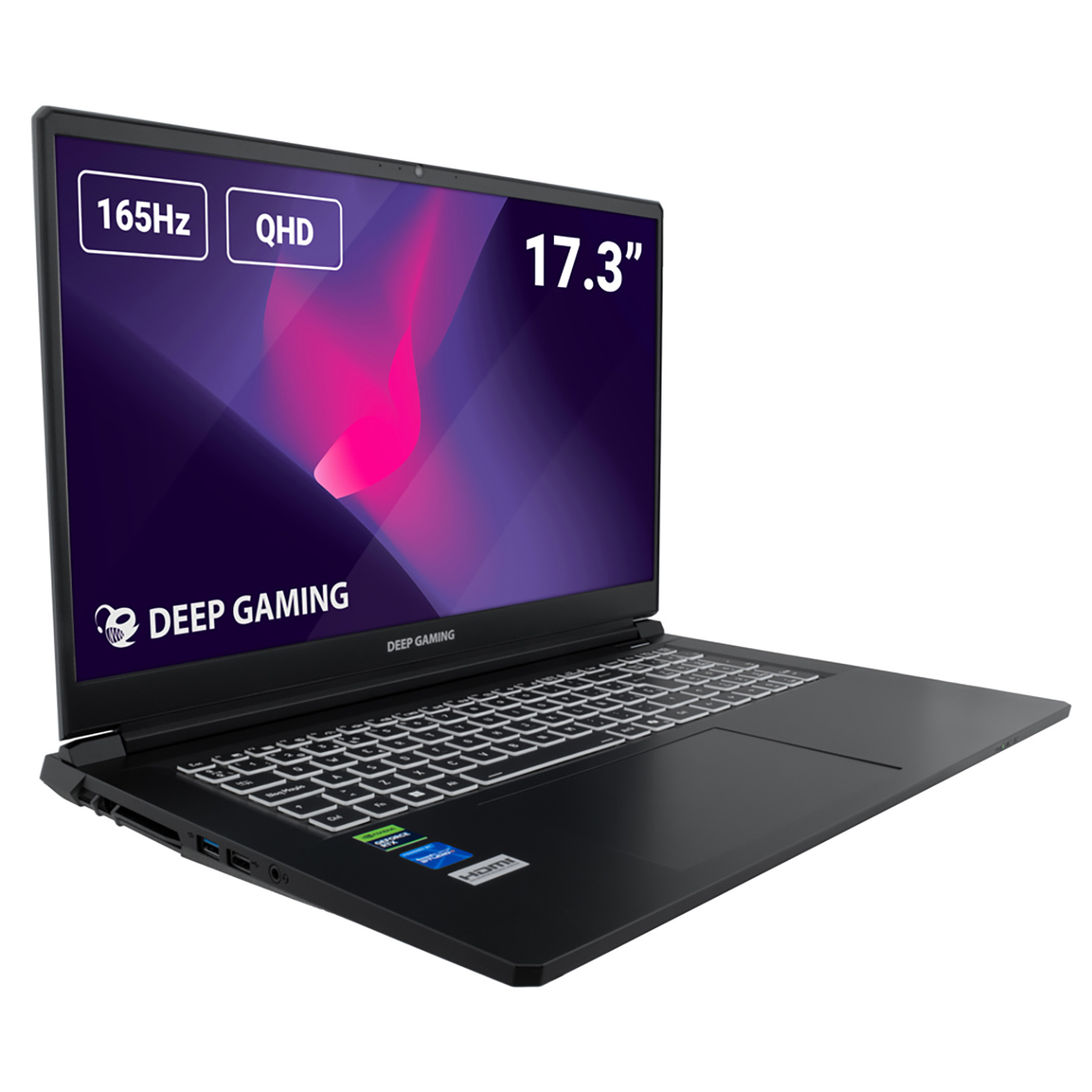 Ordenador portátil Deep Gaming negro con pantalla de 17,3", 165Hz y QHD. La pantalla muestra un diseño púrpura. El teclado está iluminado.