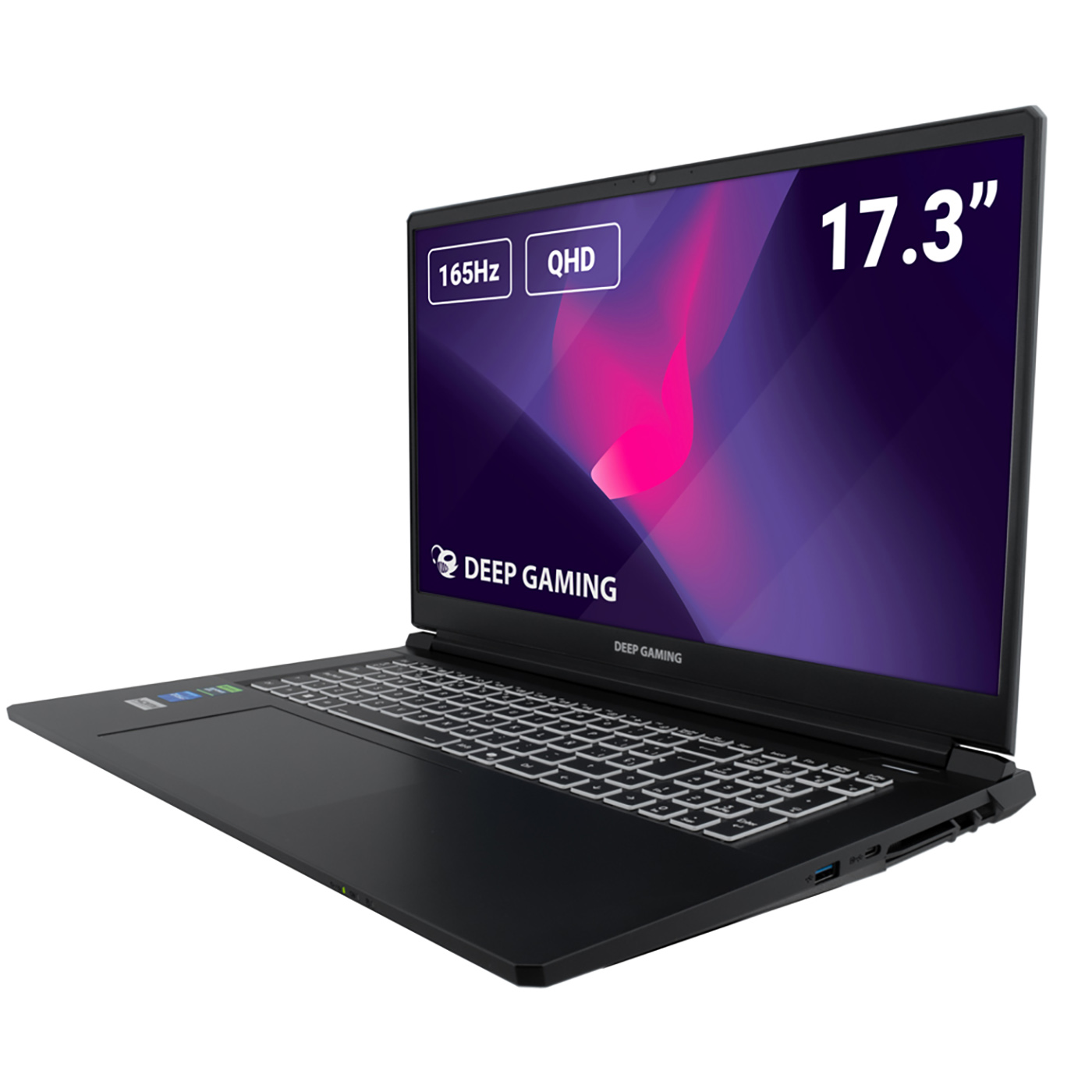 Laptop negro con pantalla de 17.3", teclado blanco y pantalla mostrando gráfico rosa y morado.
