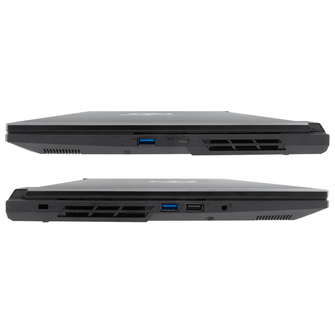 Dos portátiles negros uno al lado del otro. Cada uno muestra puertos y ventilaciones. Uno tiene USB y un puerto de carga. El otro tiene USB y audio.
