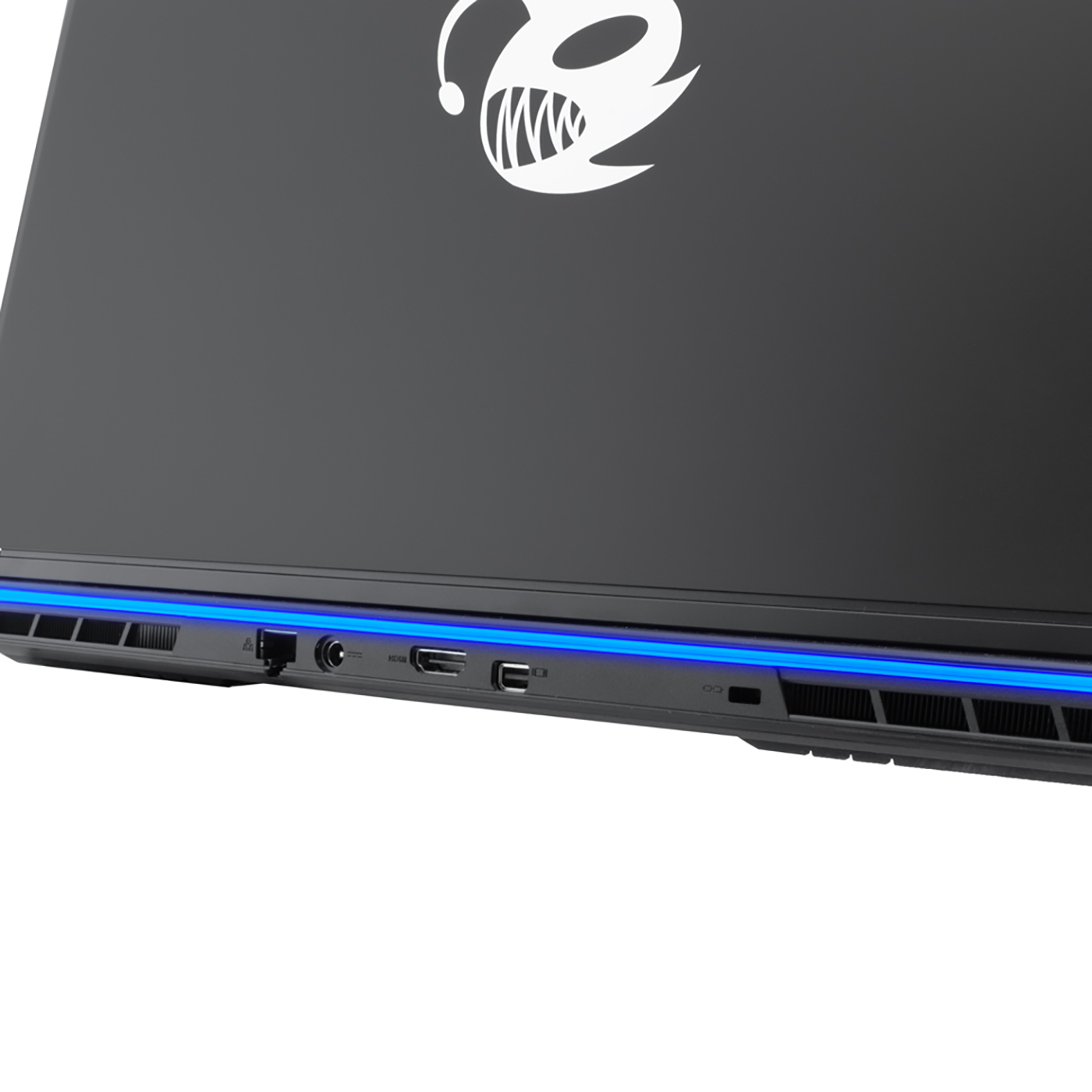Un portátil negro con un logotipo blanco de un pez. Hay luces azules en el lateral con puertos. El fondo es blanco.