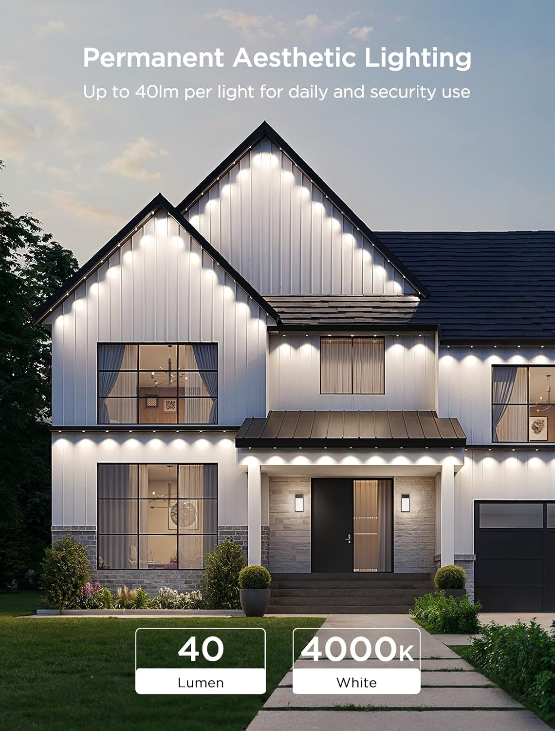 Dwupiętrowy biały dom z czarnym dachem i wykończeniem. Oświetlony białymi światłami. Tekst: Stałe oświetlenie estetyczne, 40 lumenów, 4000K białe.