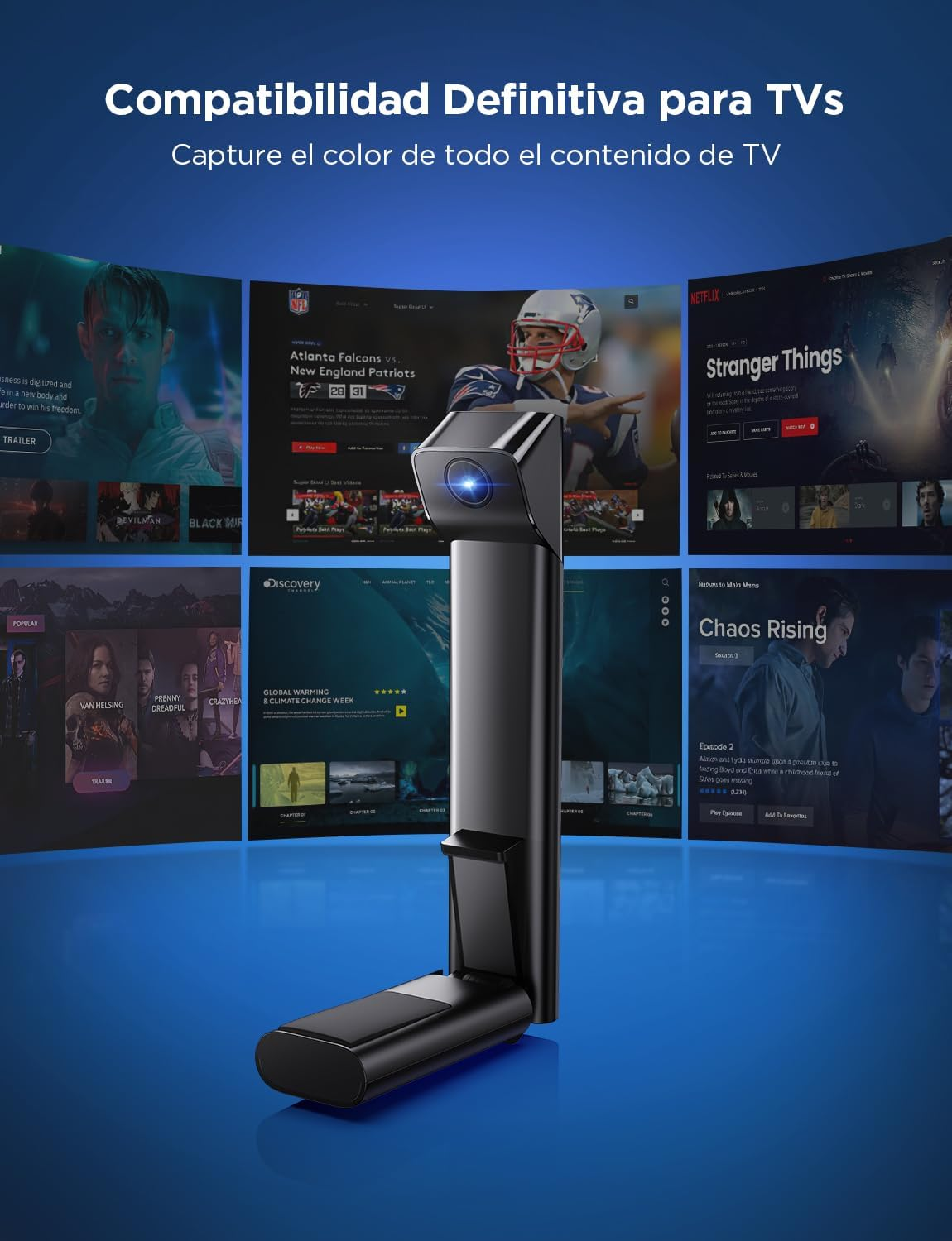 Czarne urządzenie przed ekranami z usługami streamingowymi i meczem futbolu amerykańskiego.