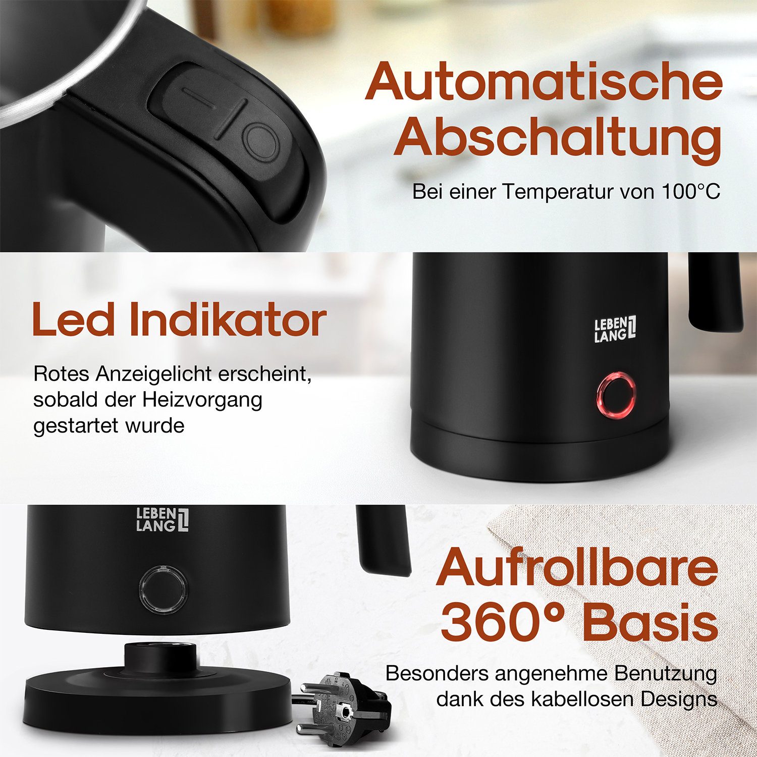 Bollitore elettrico nero con luce rossa, pulsante di accensione e testo. Sono visibili anche la base e la spina.