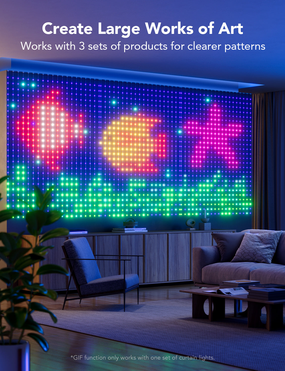 Une pièce avec un grand écran lumineux affichant de l'art. Une chaise et un canapé sont au premier plan. Un meuble est visible en arrière-plan.