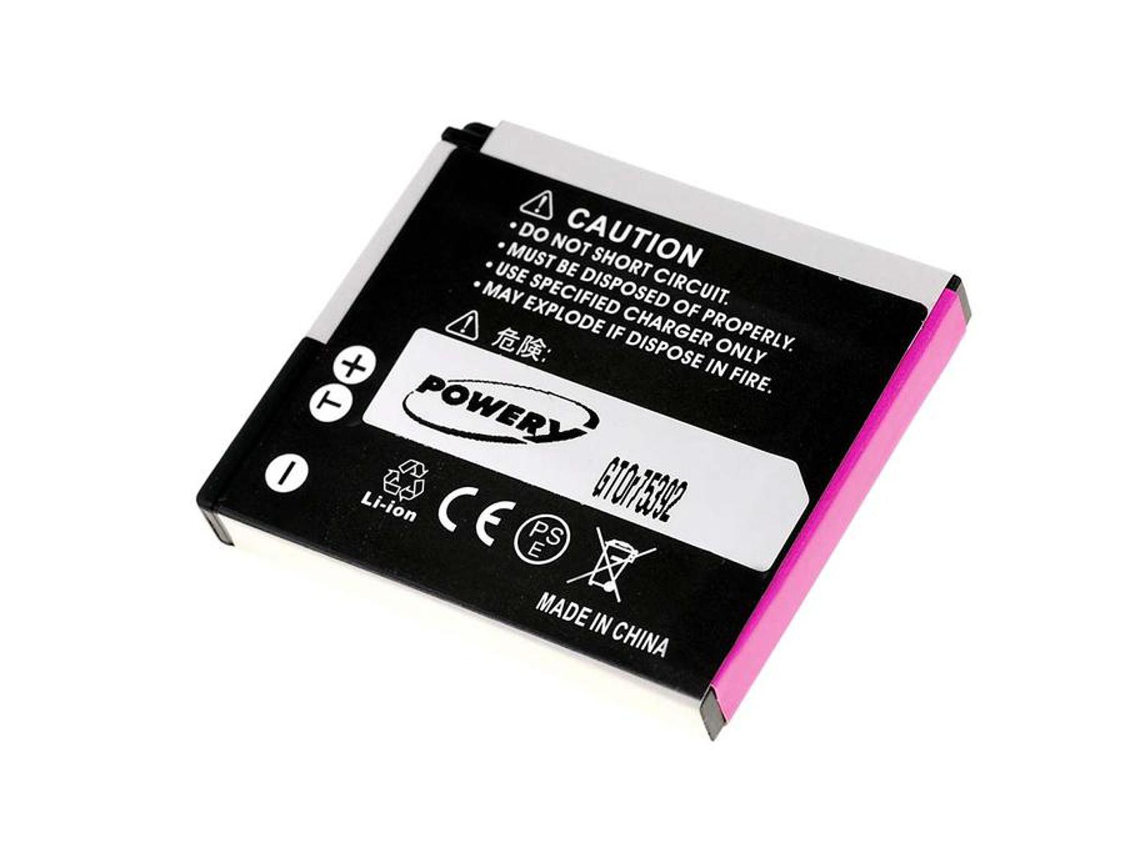 Una batería negra rectangular con texto blanco y borde rosa. Tiene advertencias, un logotipo de energía y 'Made in China'.