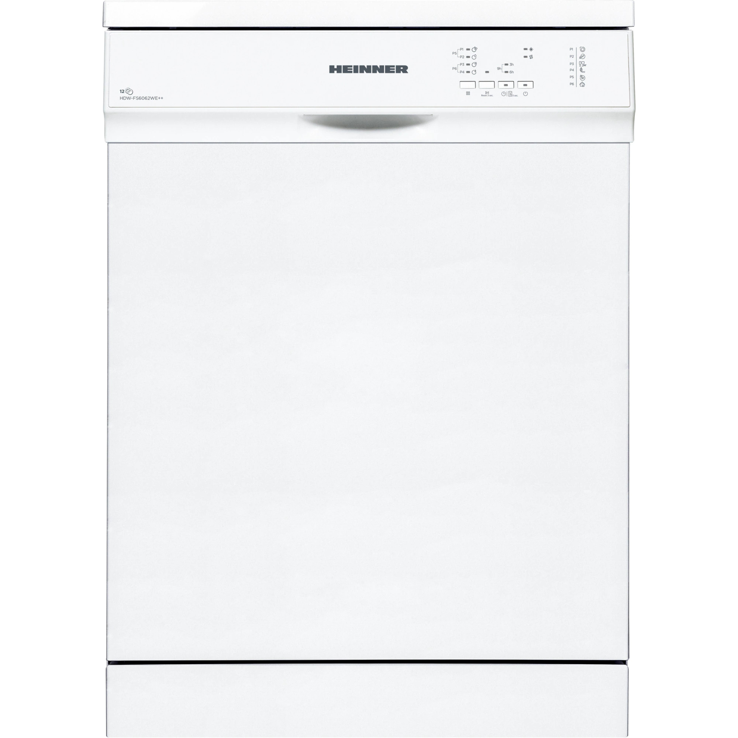 Un lave-vaisselle Heinner blanc. Il a des boutons et une poignée. La marque est visible.