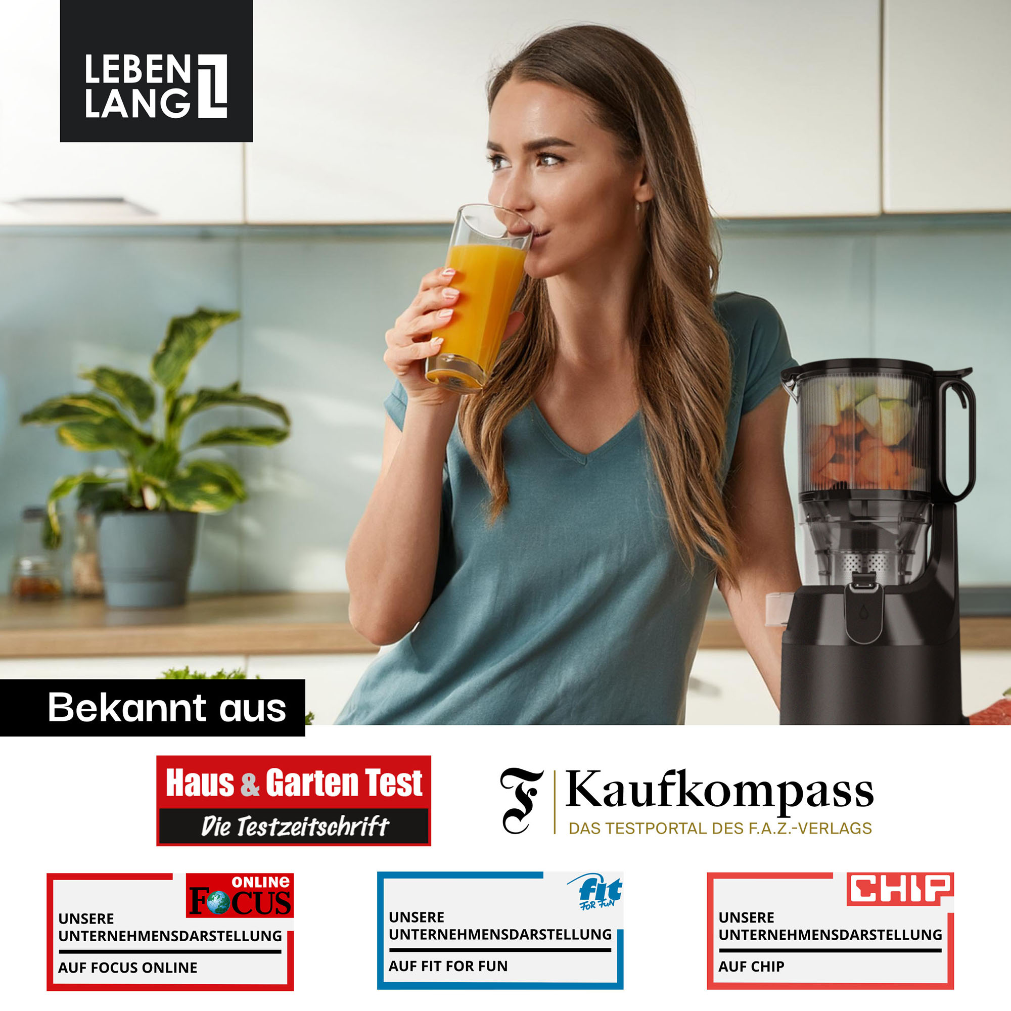 Frau trinkt Saft aus einem Glas. Rechts ist ein Entsafter. Logos von Zeitschriften sind unten.