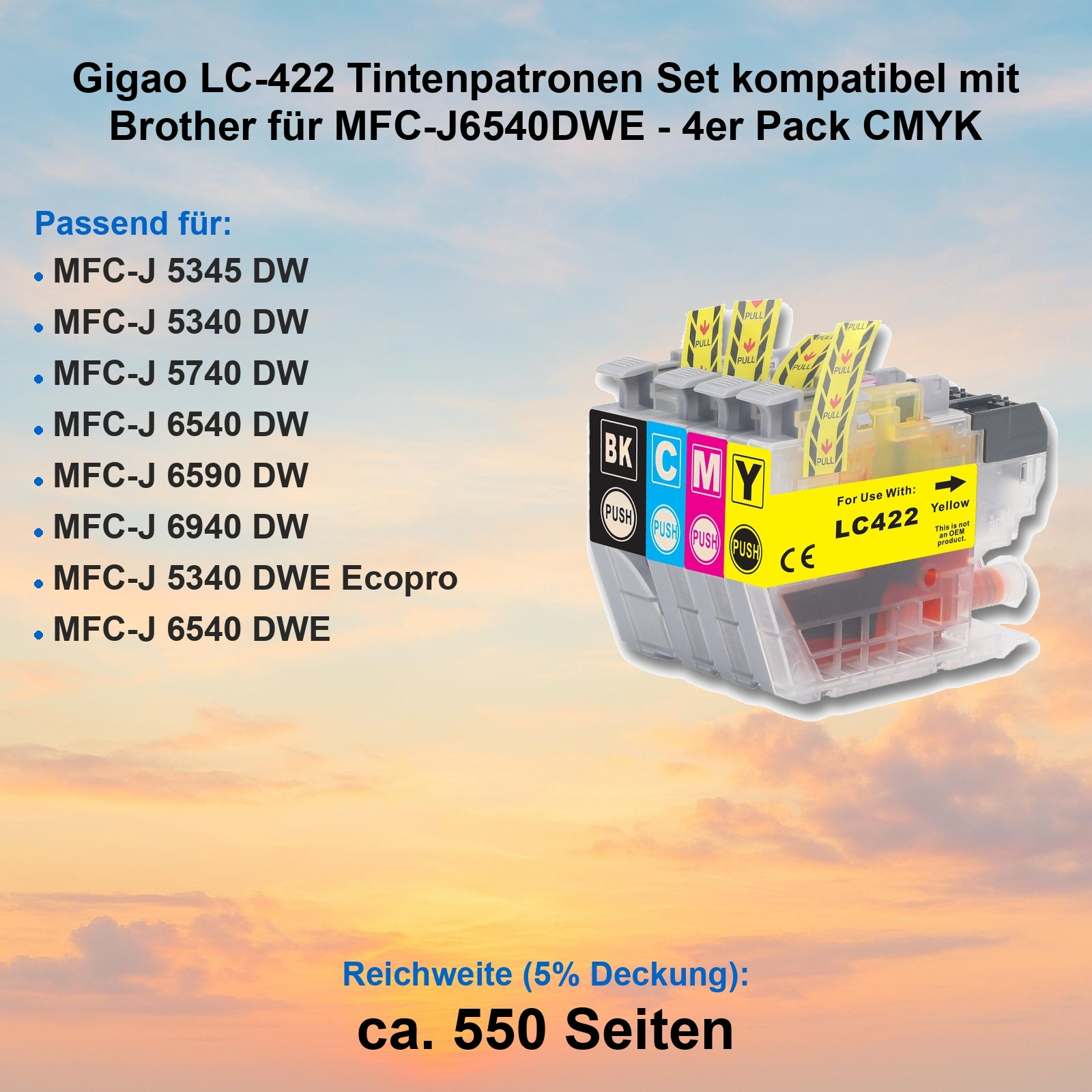 Tintenpatronen für Brother-Drucker, CMYK-Farben, mit Textetiketten. Enthält Text 'LC422 Gelb' und 'PUSH'-Tasten.