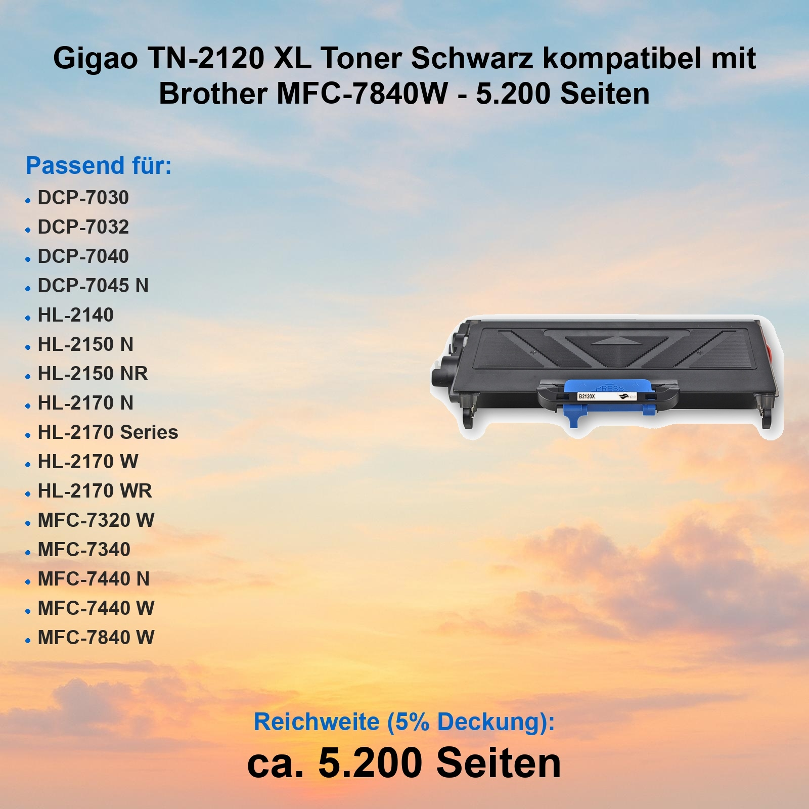 Schwarze Tonerkartusche mit blauen Akzenten, kompatibel mit Brother-Druckern, auf Himmelsgrund. Text zeigt Kompatibilität.